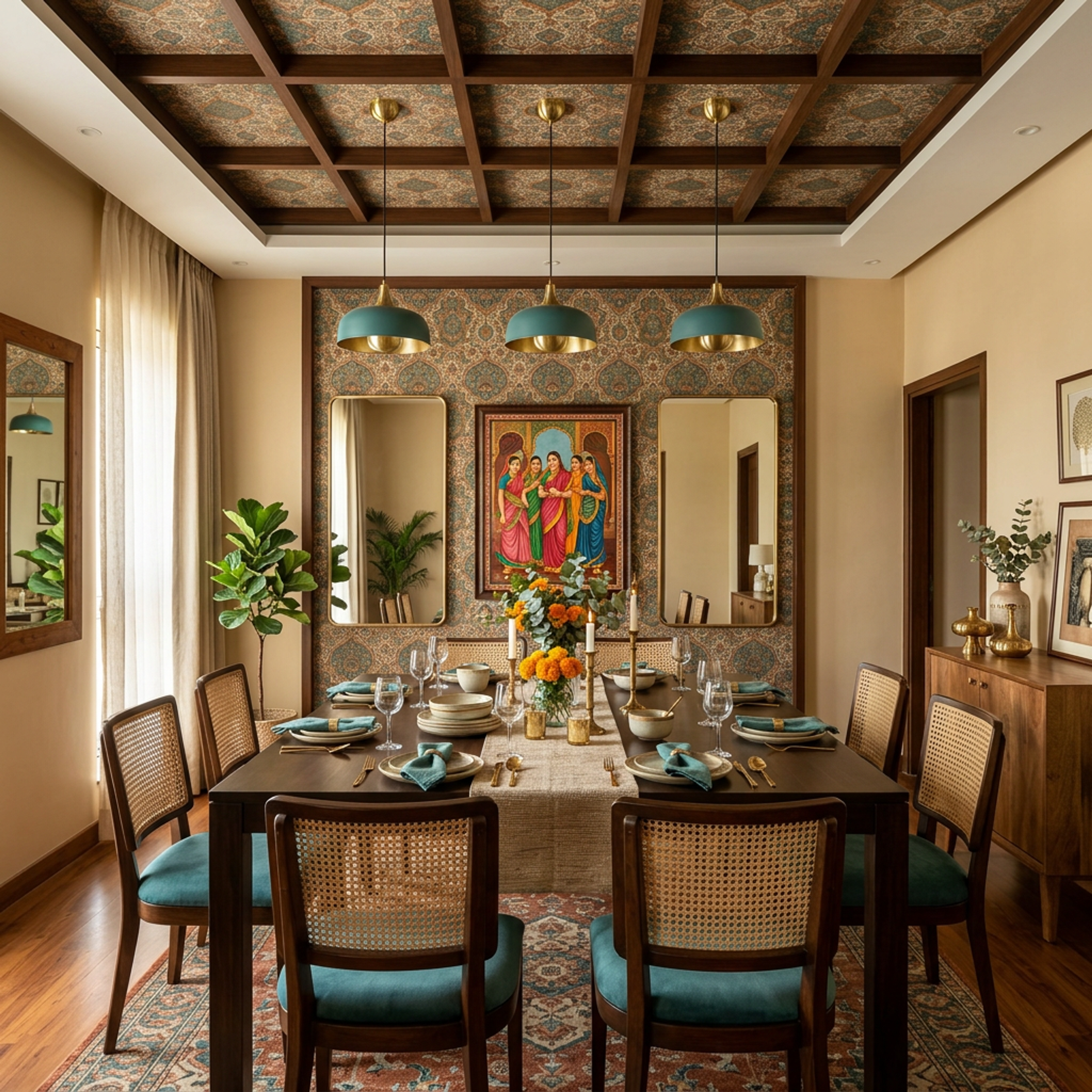 Mid-Century Modern Grid False Ceiling Design Featuring Square Wood Polish Finish