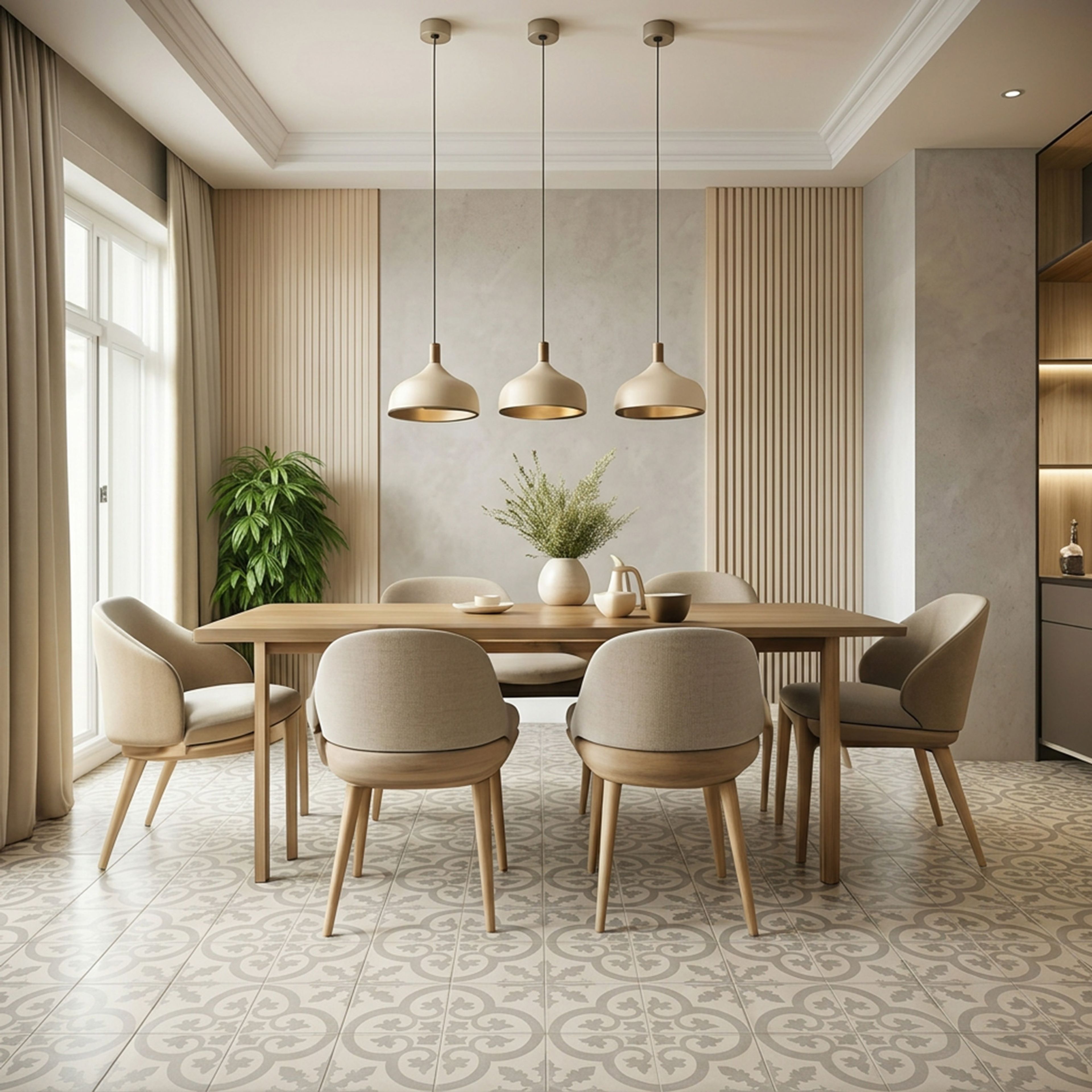 Classic Flooring Design with Beige and Grey Ornamental Motif Pattern