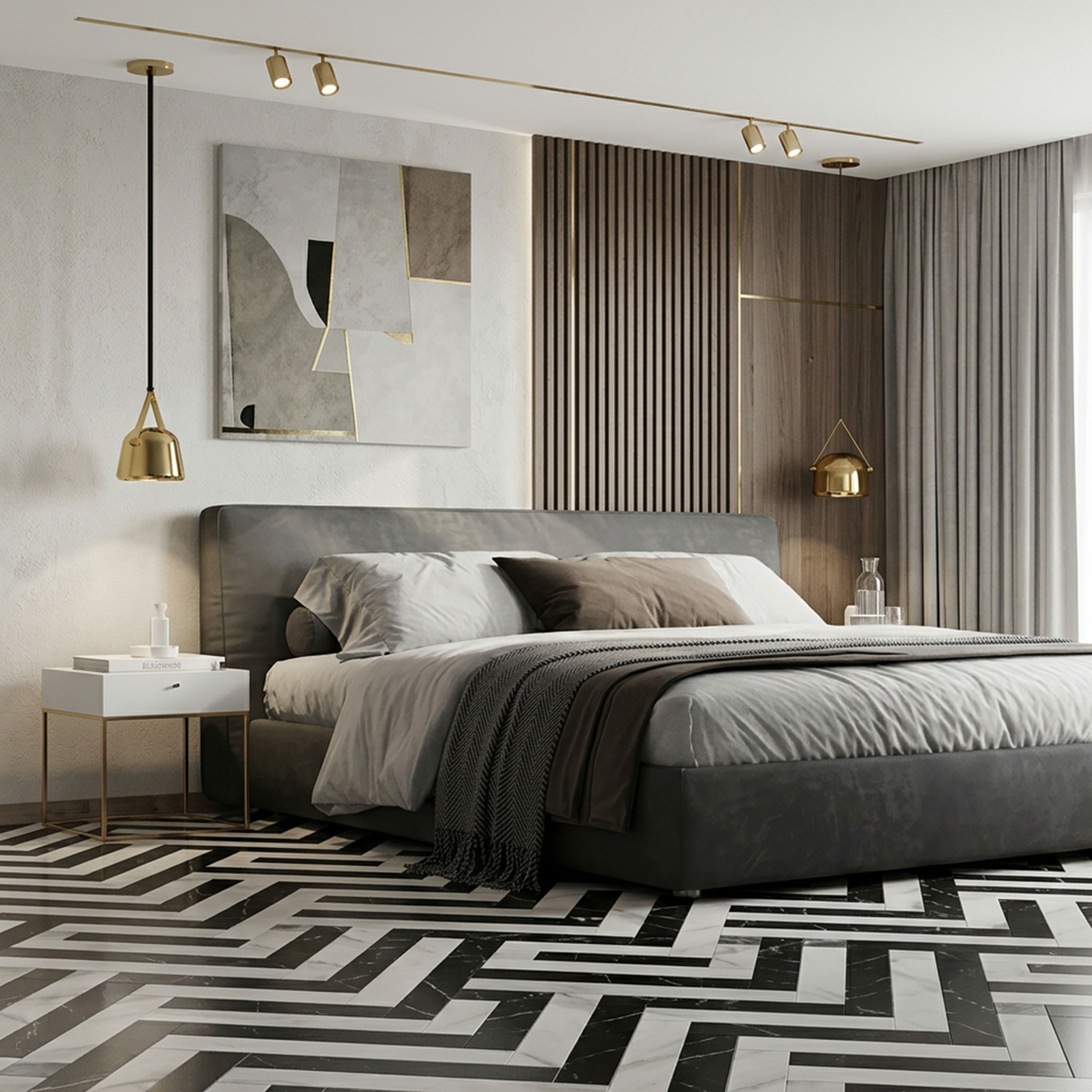 Contemporary Flooring Design with Diagonal Herringbone Plank Layout Setup