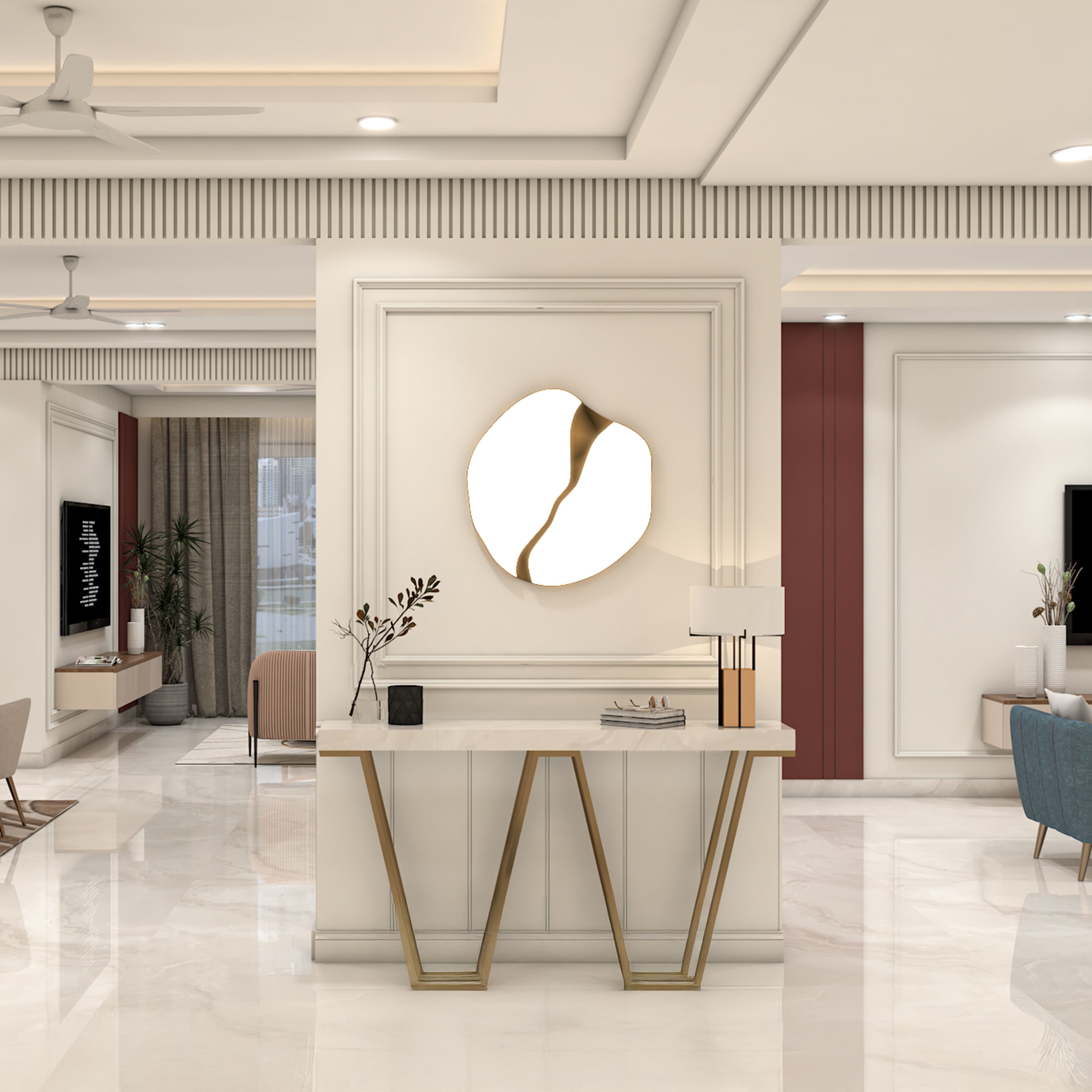 Classic Foyer Design with Marble Finish and Console Table