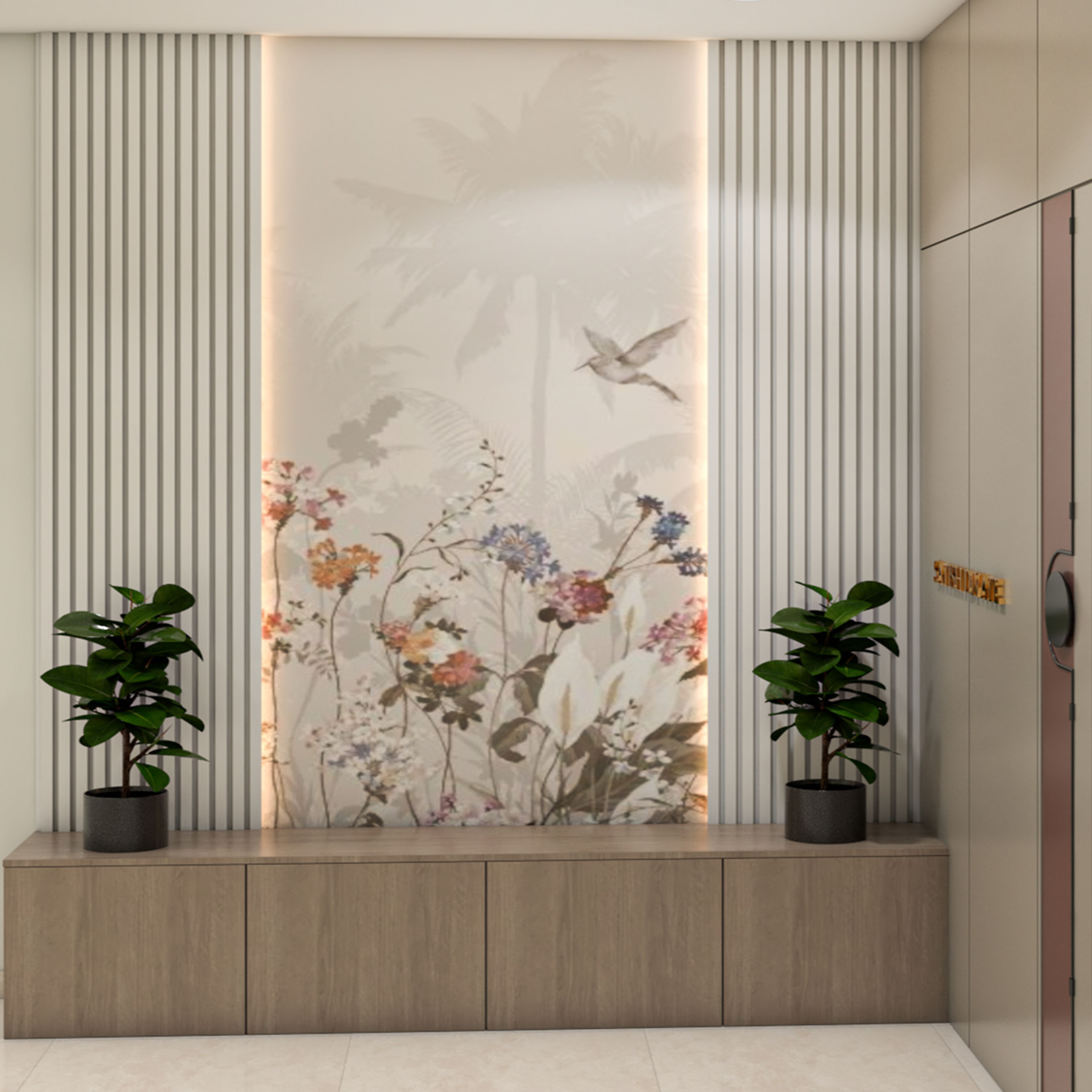 Walnut Modern Foyer Design with Storage Cabinet and Wall Paneling