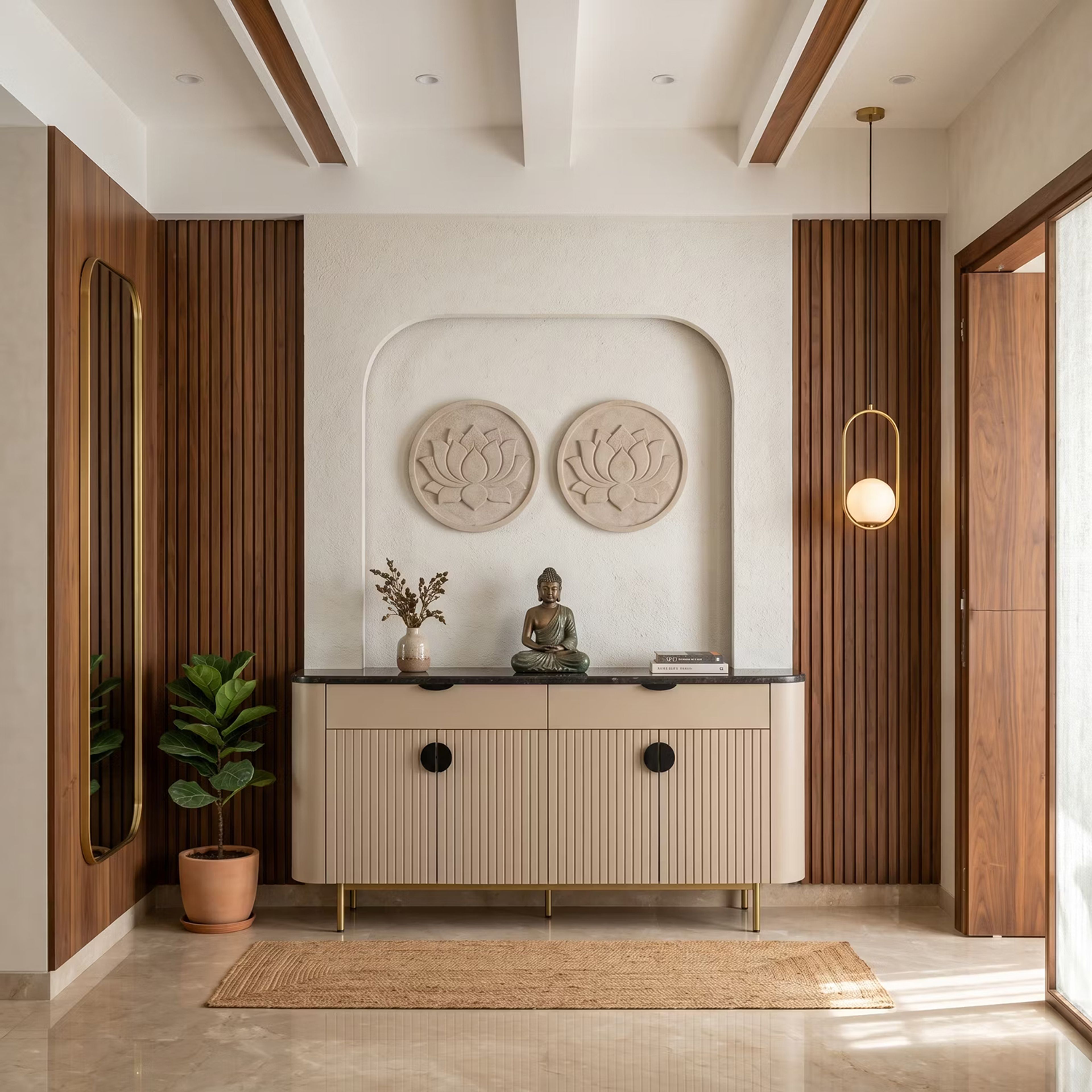Contemporary Japandi Wall Design with Warm Ivory Plaster and Walnut Slats