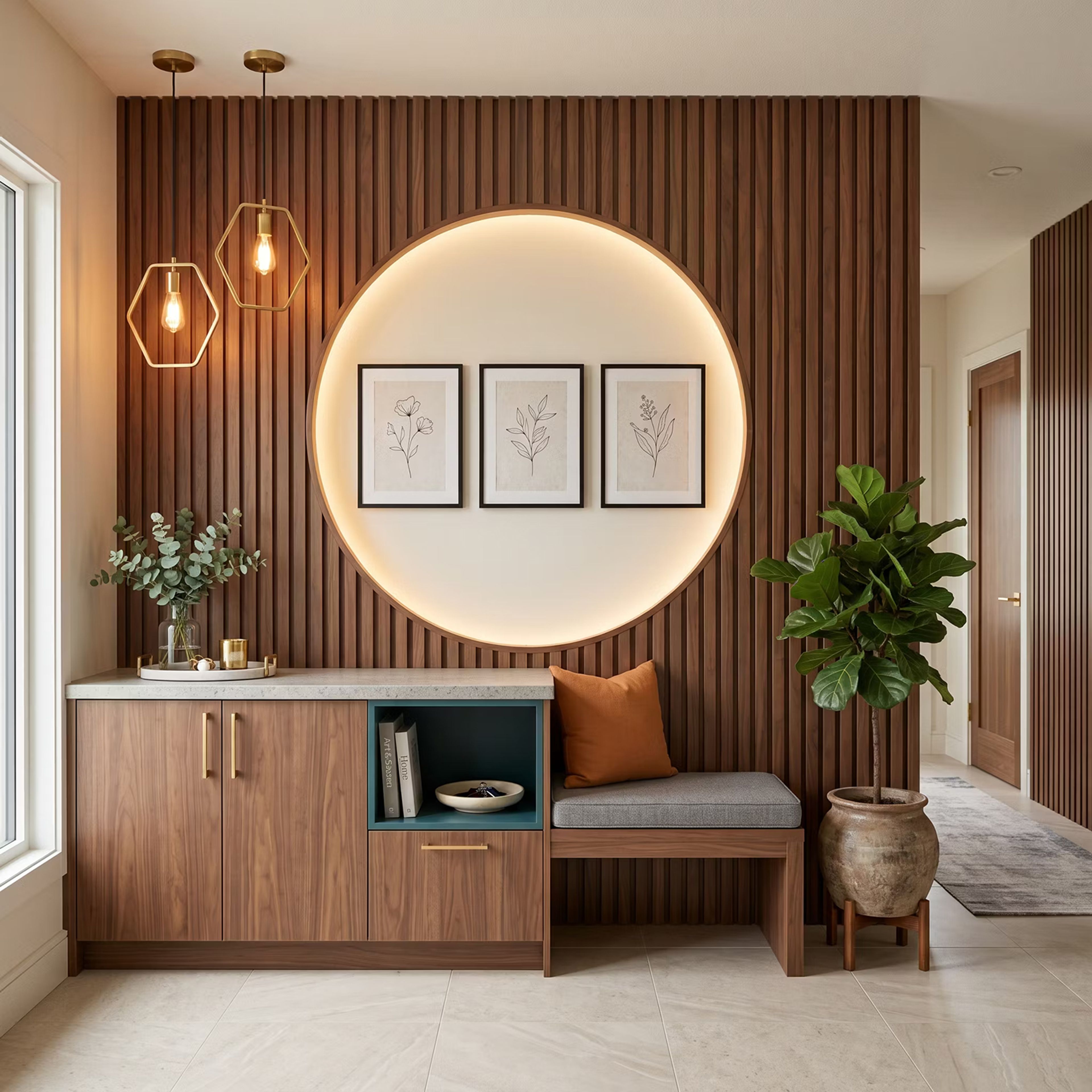Contemporary Wall Design with Walnut Brown Slats and Backlit Niche