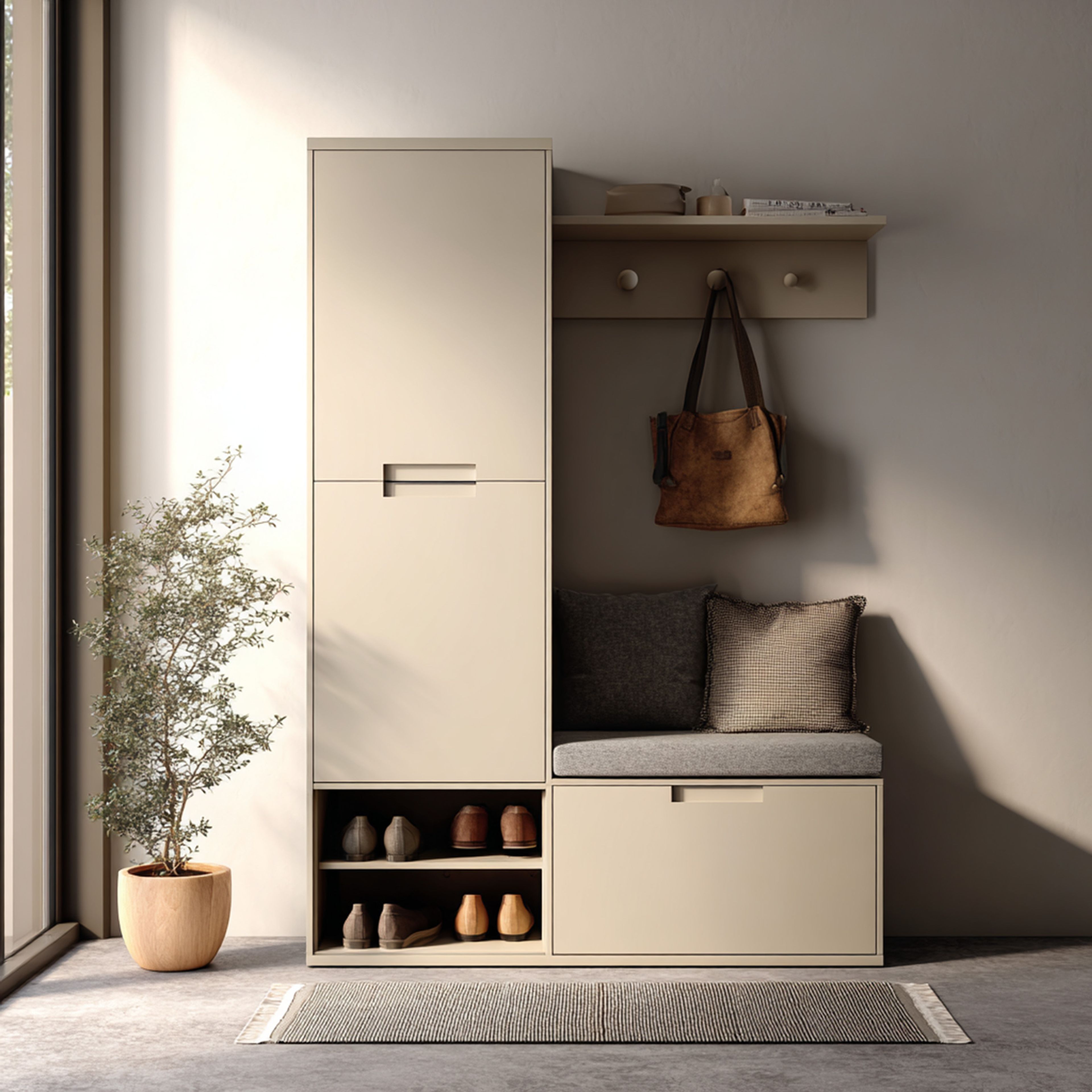 Minimal Beige Foyer Design with Storage Bench and Shoe Cabinet