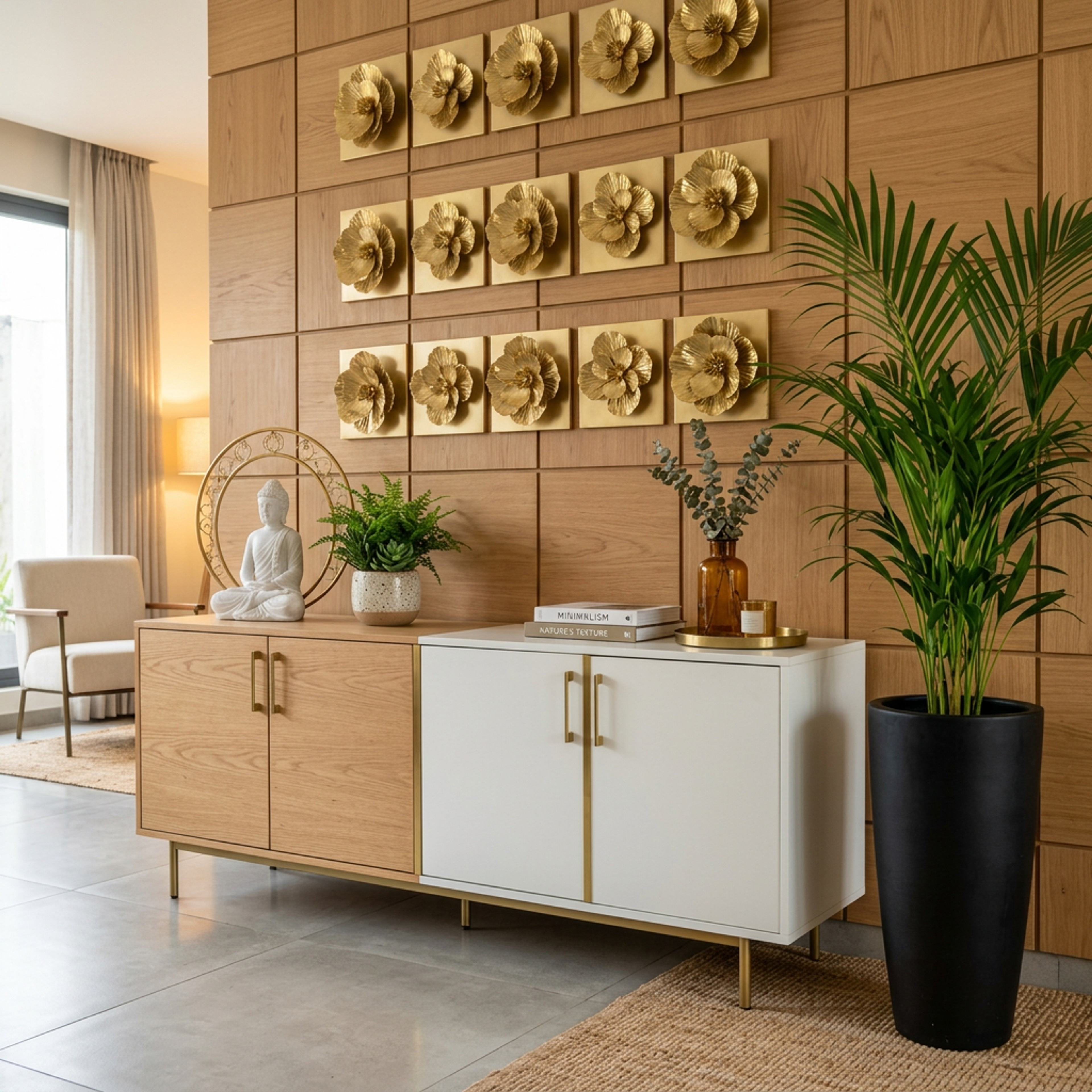 Acacia and White Contemporary Foyer Design with Storage Cabinet and Wall Art