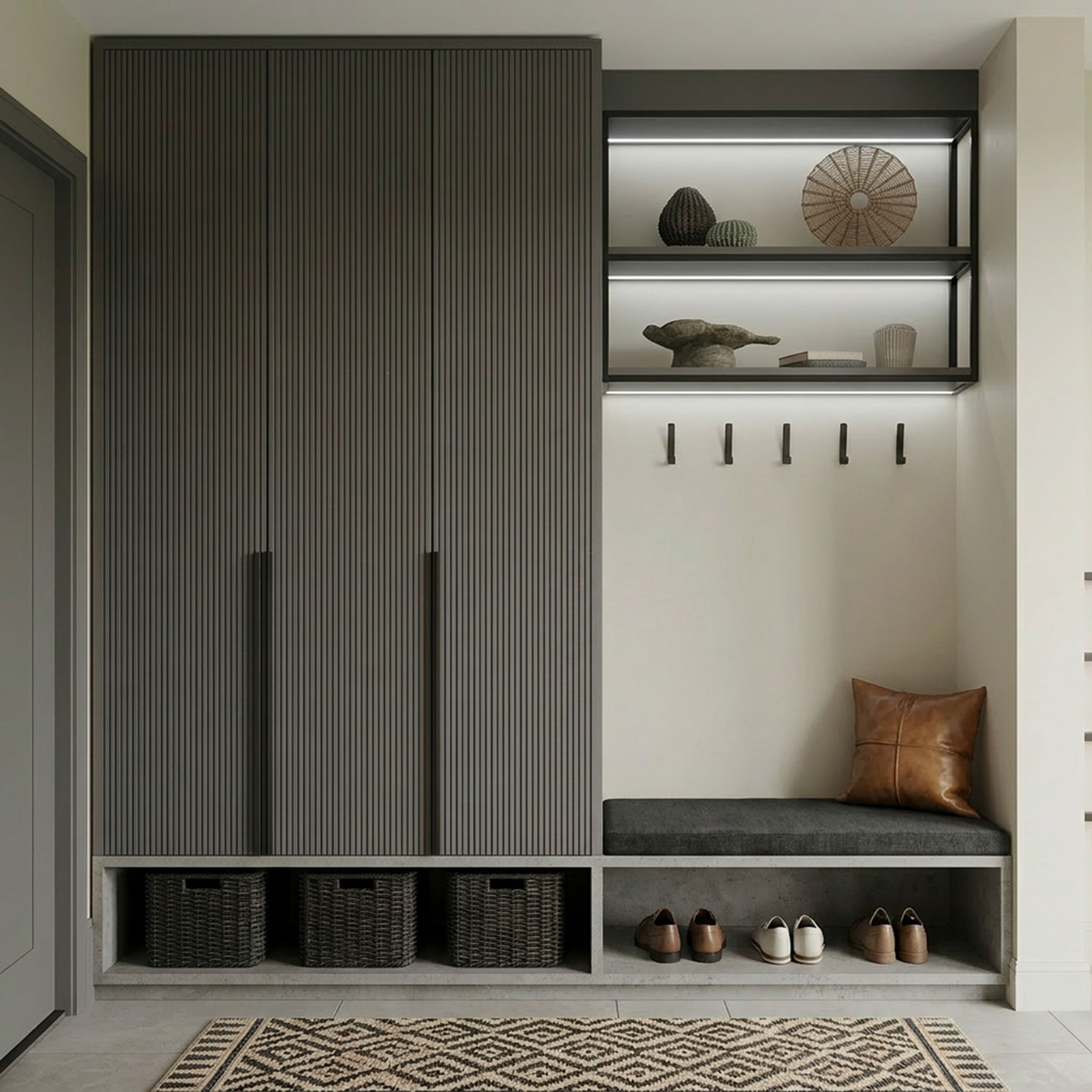 Contemporary Foyer Design with Matte PU Grey Fluted Wardrobes