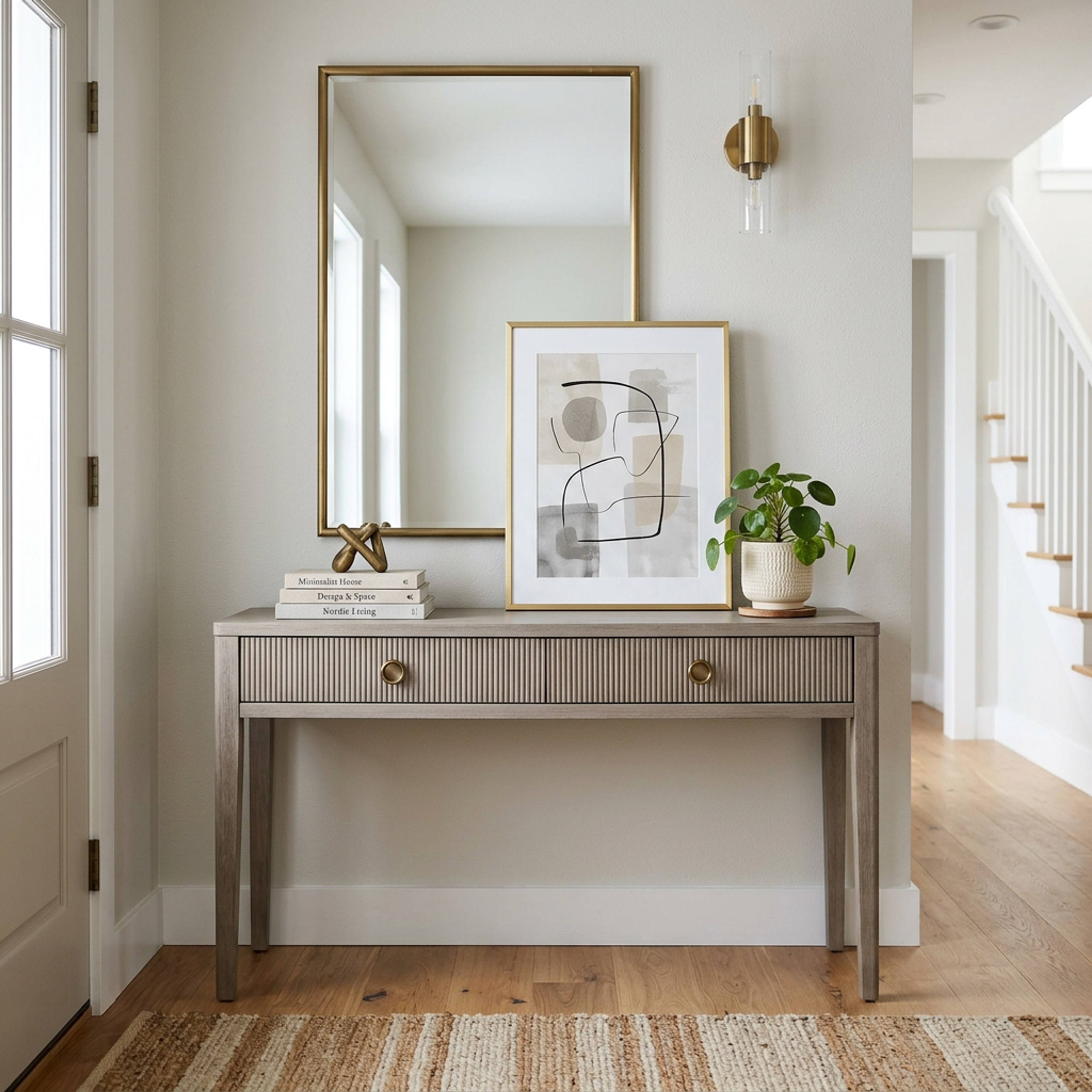 Contemporary Grey Brown Wood Foyer Design with Wooden Storage and Matte Finish