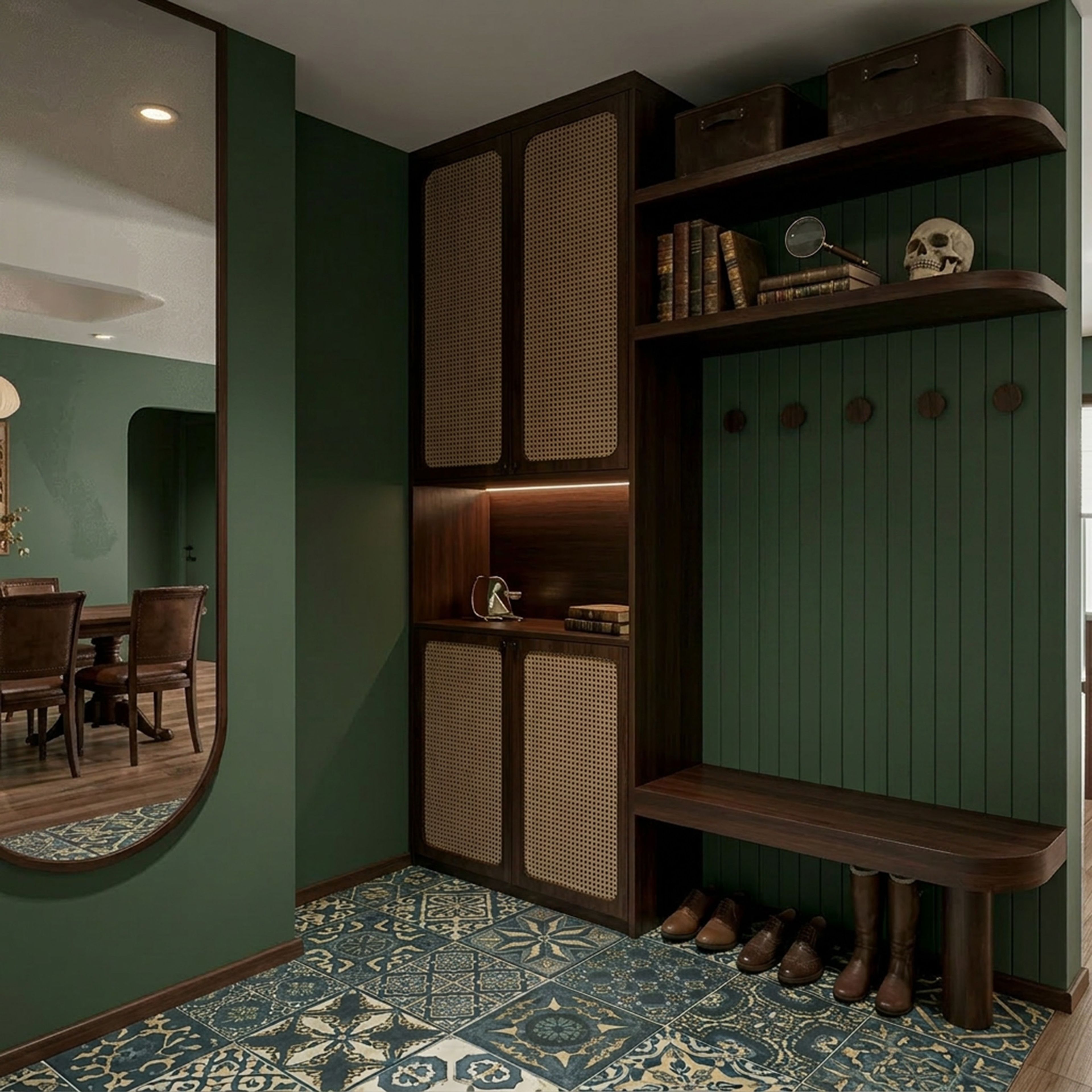 Modern Foyer Design Featuring Cane Front Cabinets and Shiplap Walls