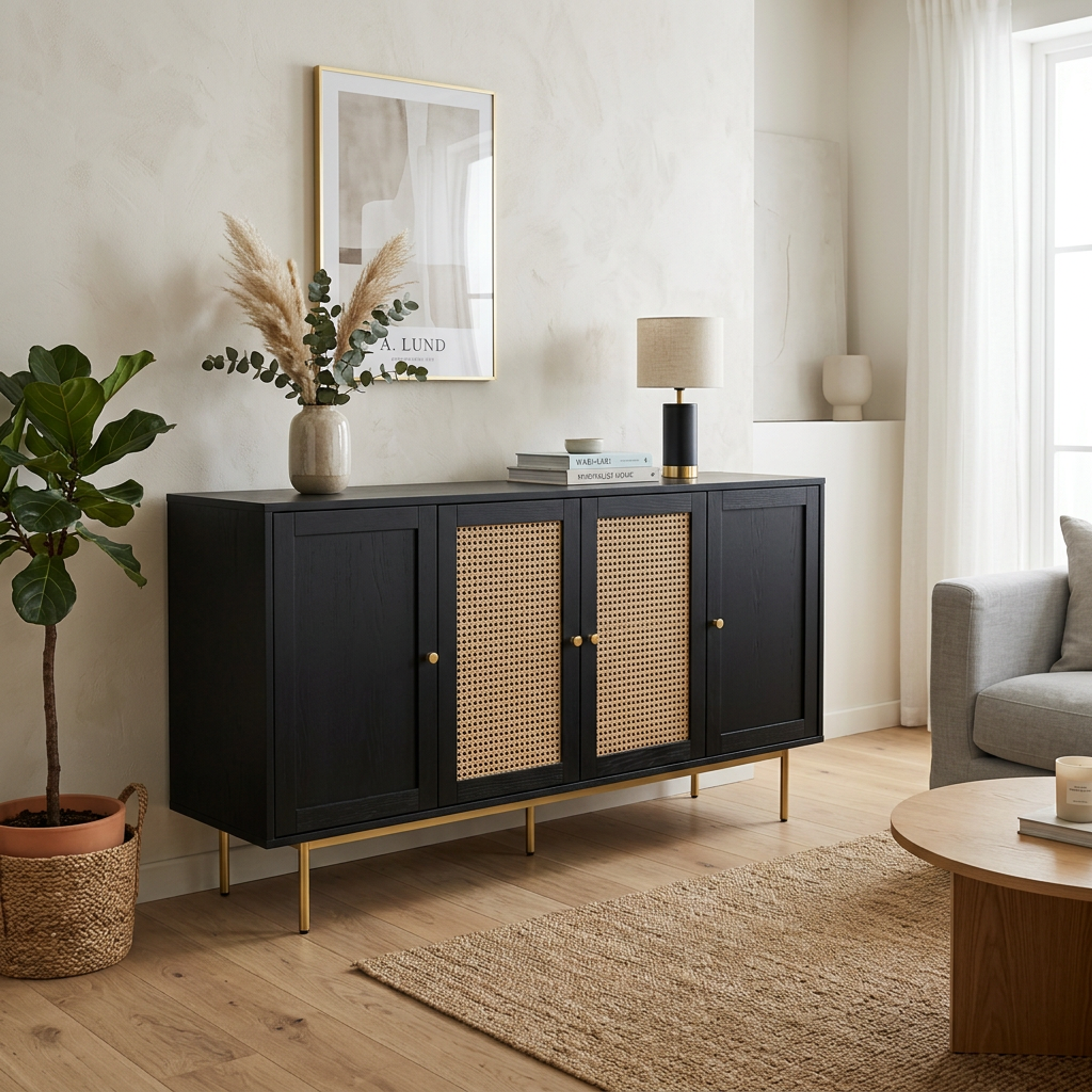Contemporary Foyer Design with Dark Black Wood with Rattan Storage Unit