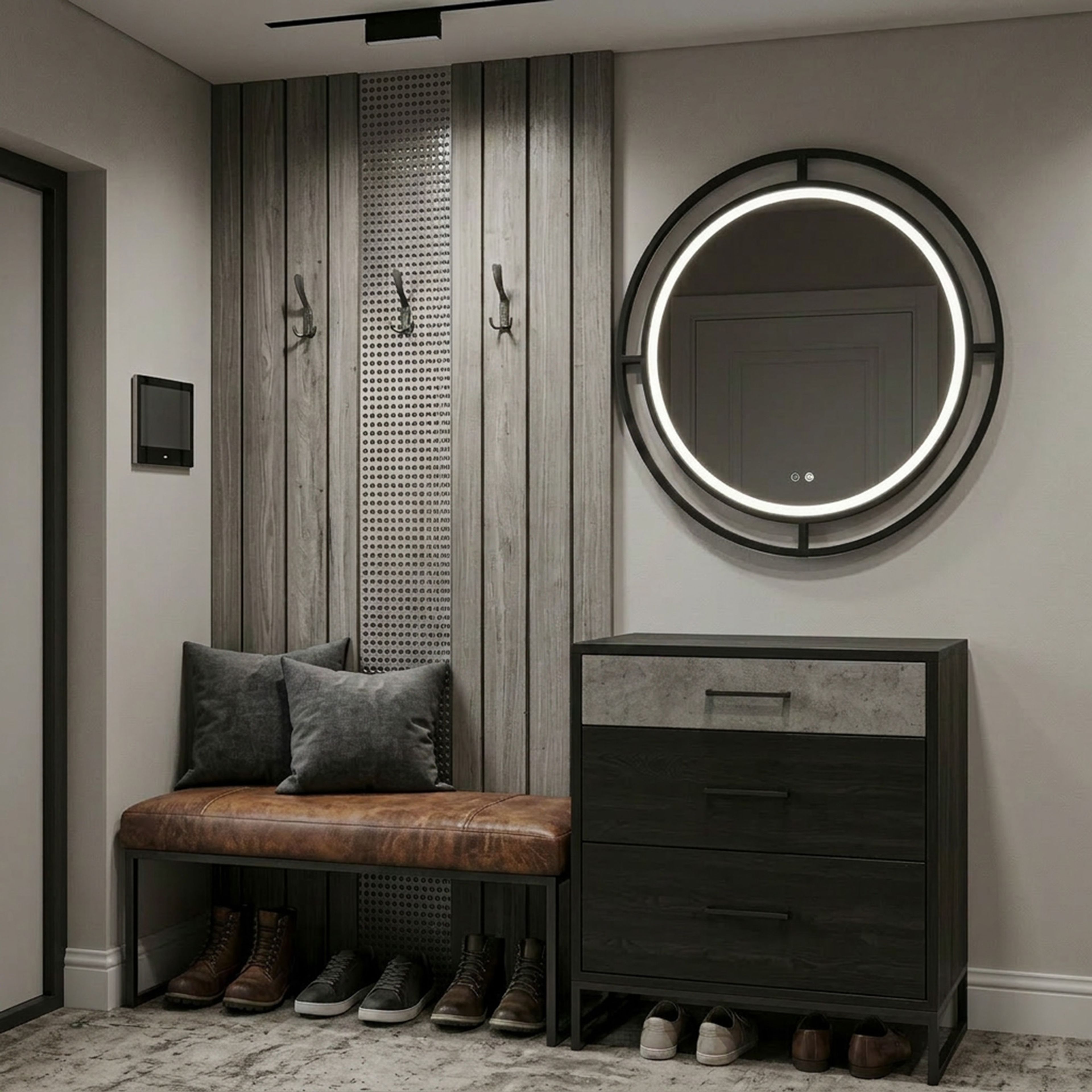 Industrial Foyer Design Featuring Concrete Finish Multi Drawer Shoe Cabinets