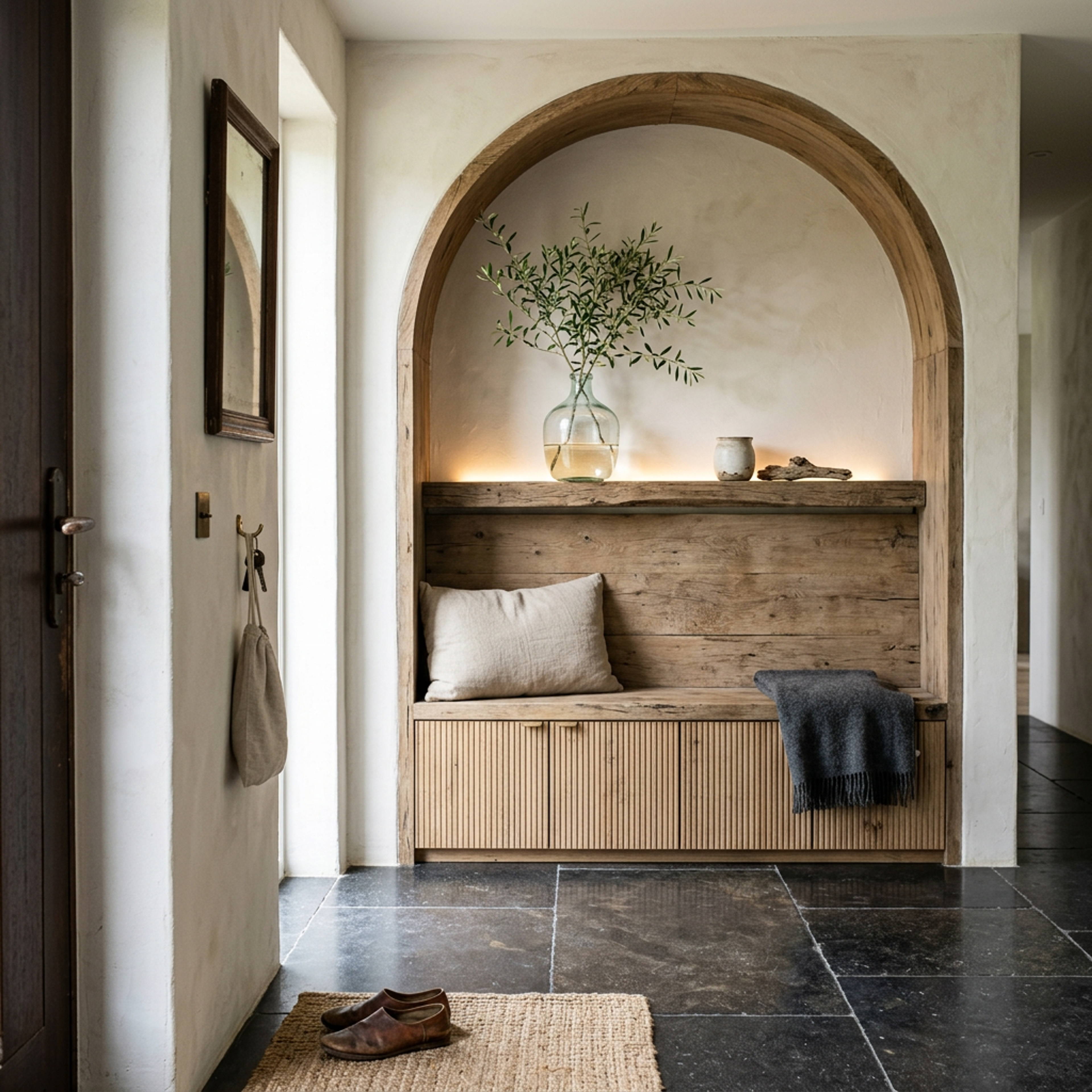 Contemporary Foyer Design With wooden Storage and Cane Panels