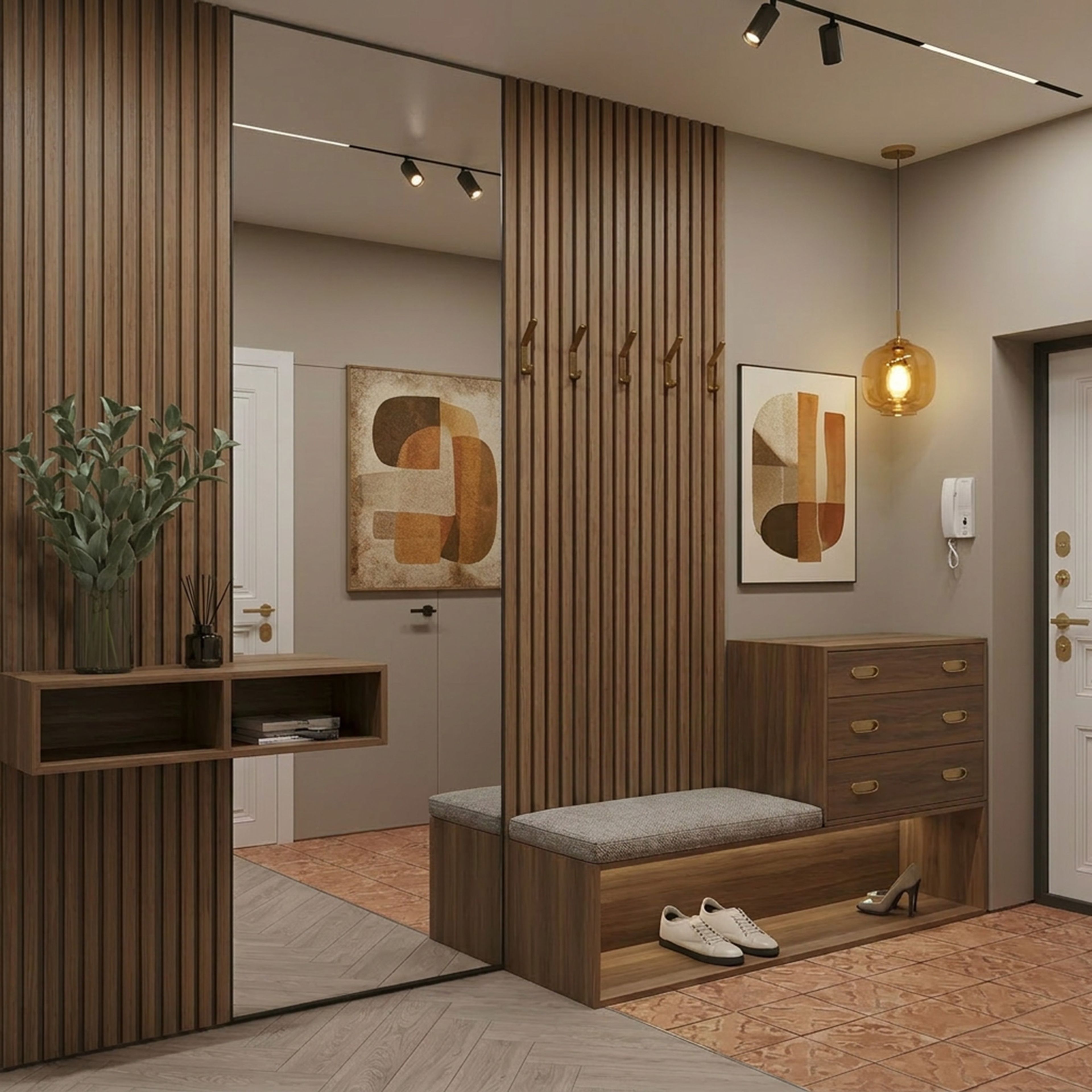 Mid-Century Modern Walnut Brown Foyer Design with Frameless Full Length Mirrors