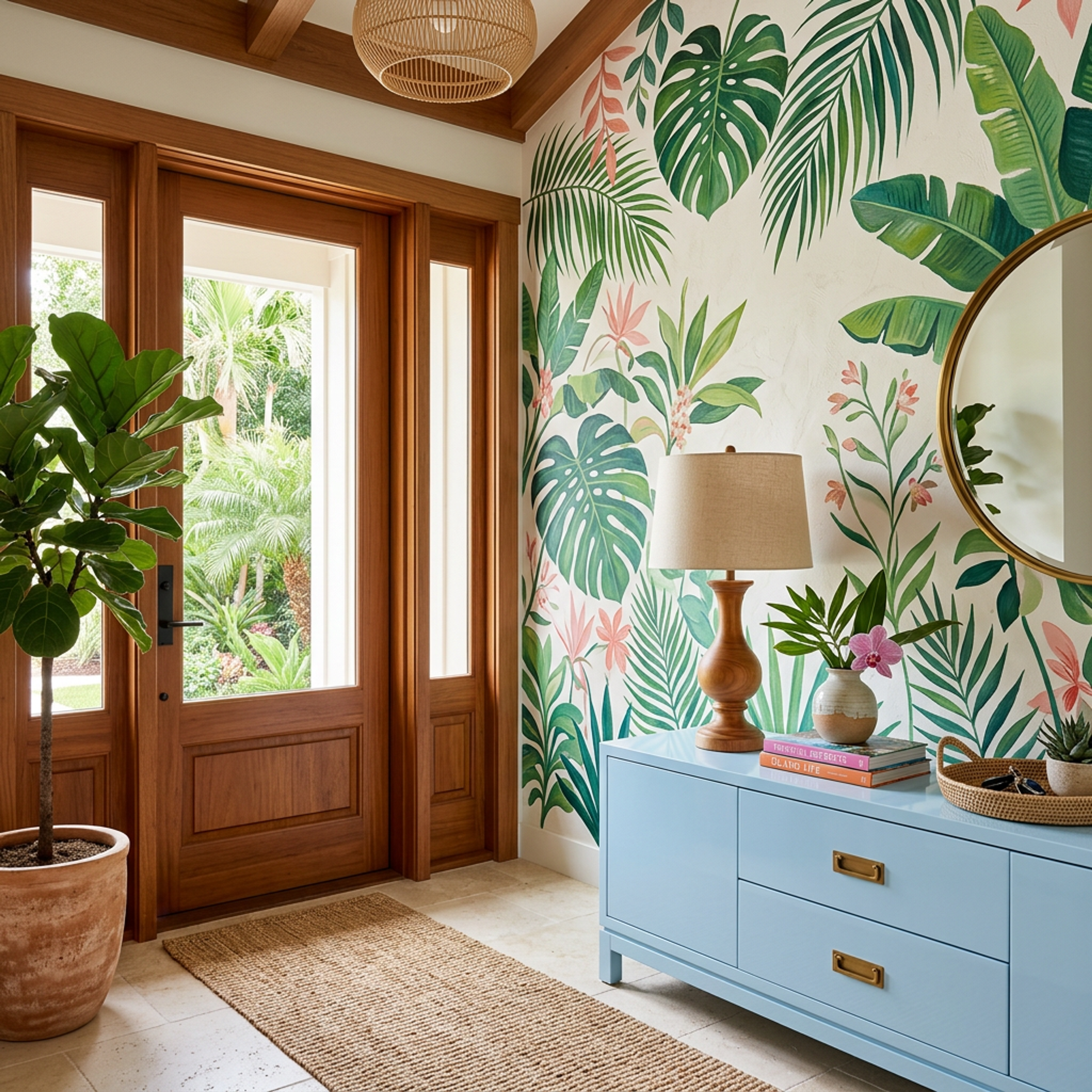 Denim Blue Modern Foyer Design with Tropical Wallpaper and Gold Round Mirror