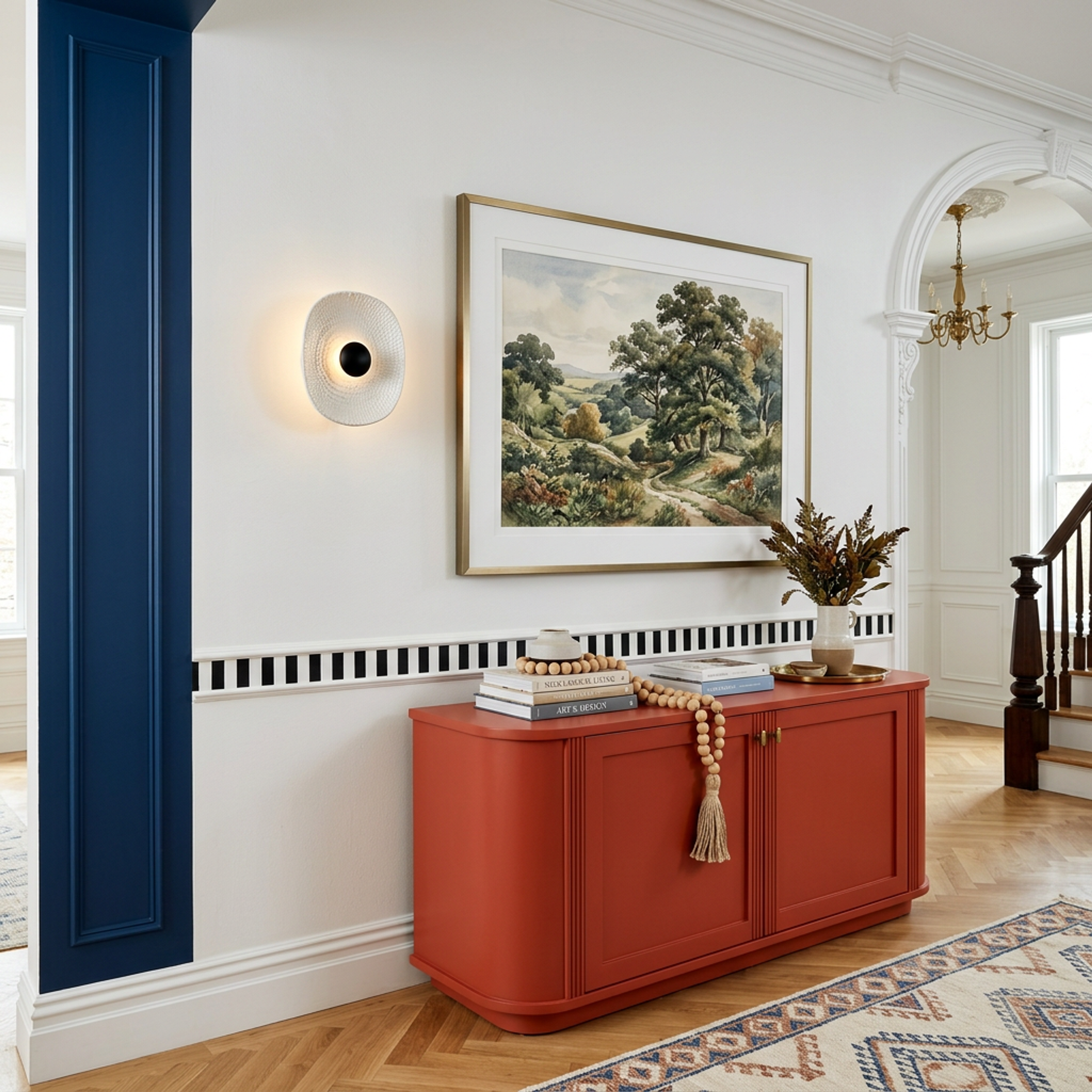Modern Foyer Design with Red Oxide Console and Artwork Display