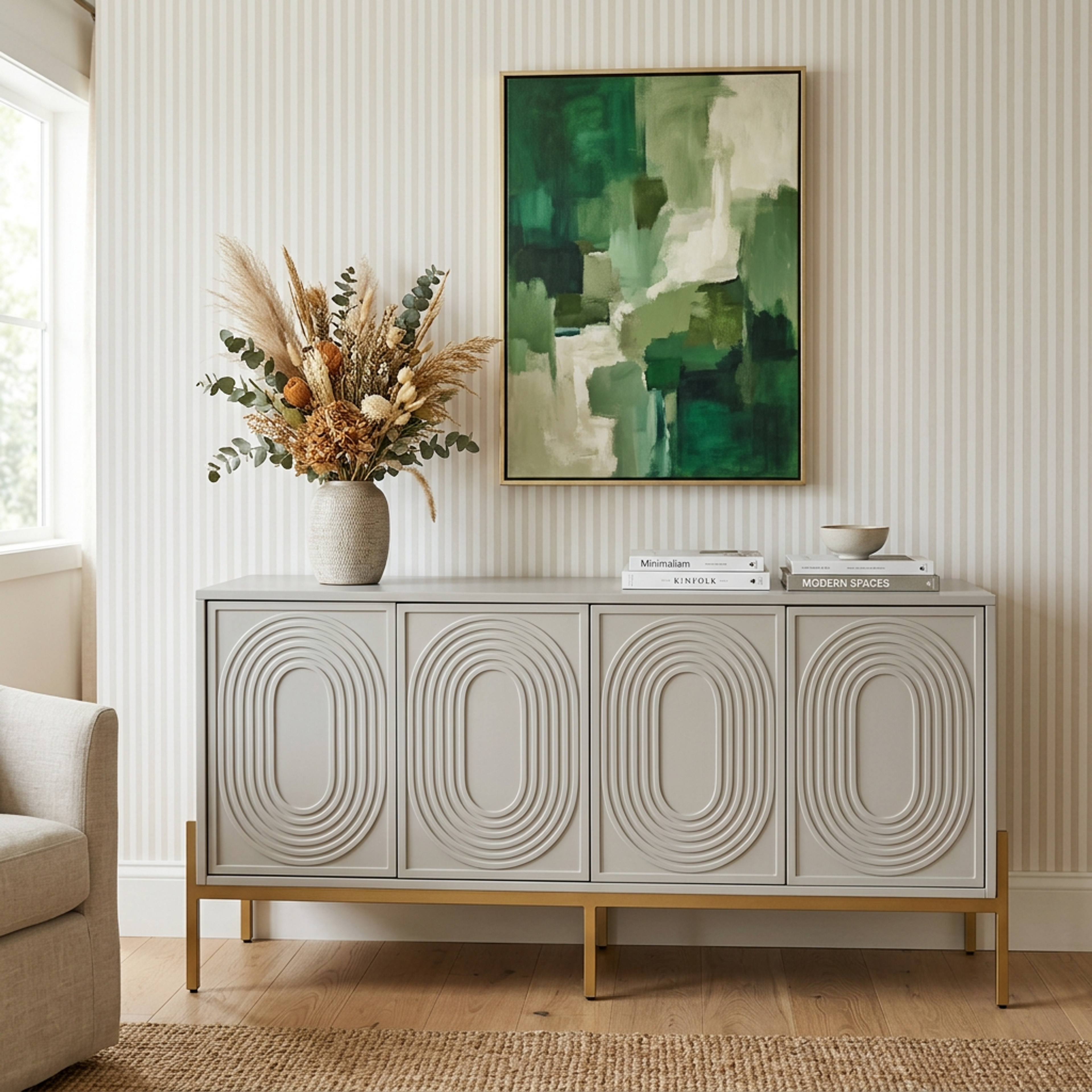Modern Grey Foyer Design with Engraved Cabinets and Concealed Storage