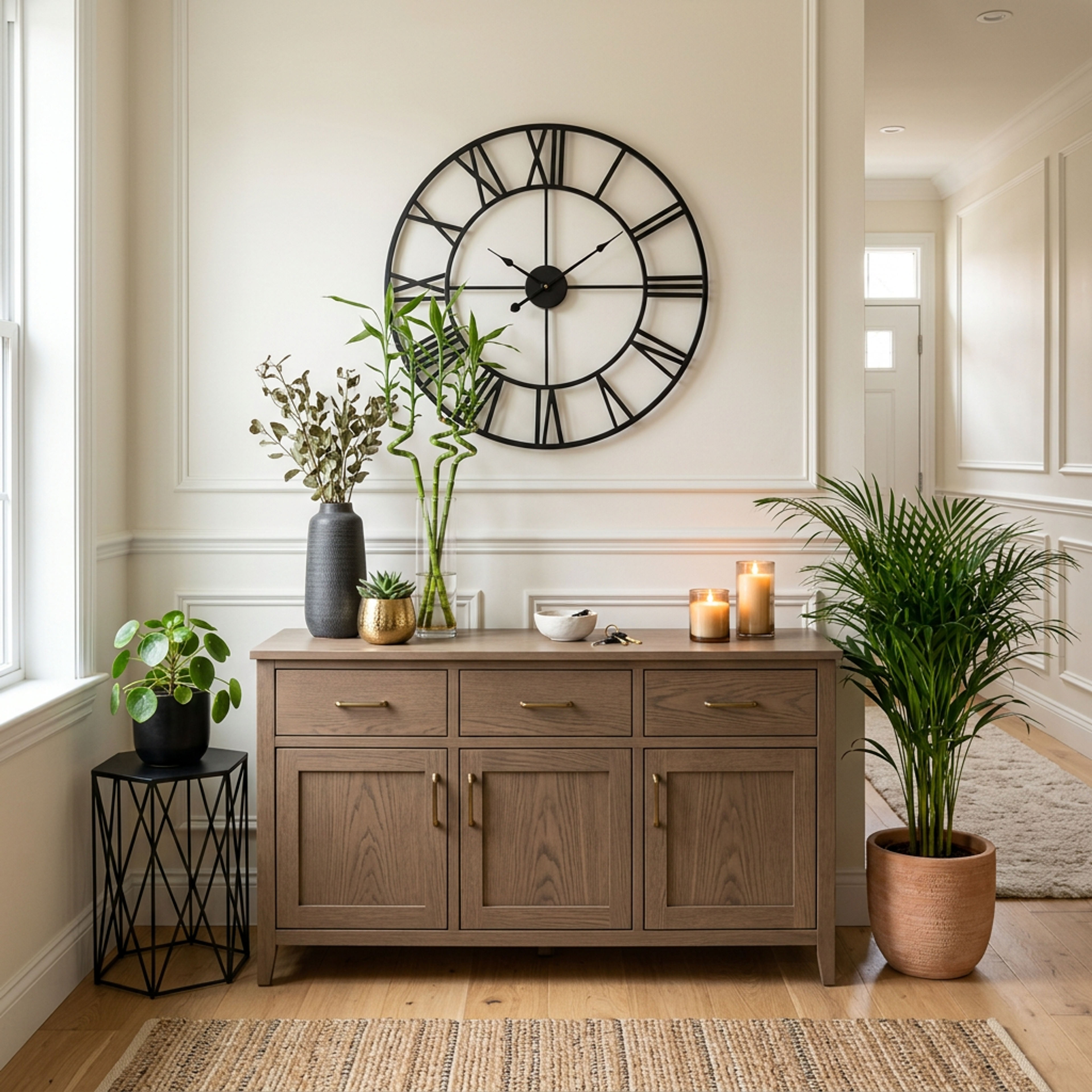 Modern Brown Foyer Design with Wooden Console and Clock Feature Wall