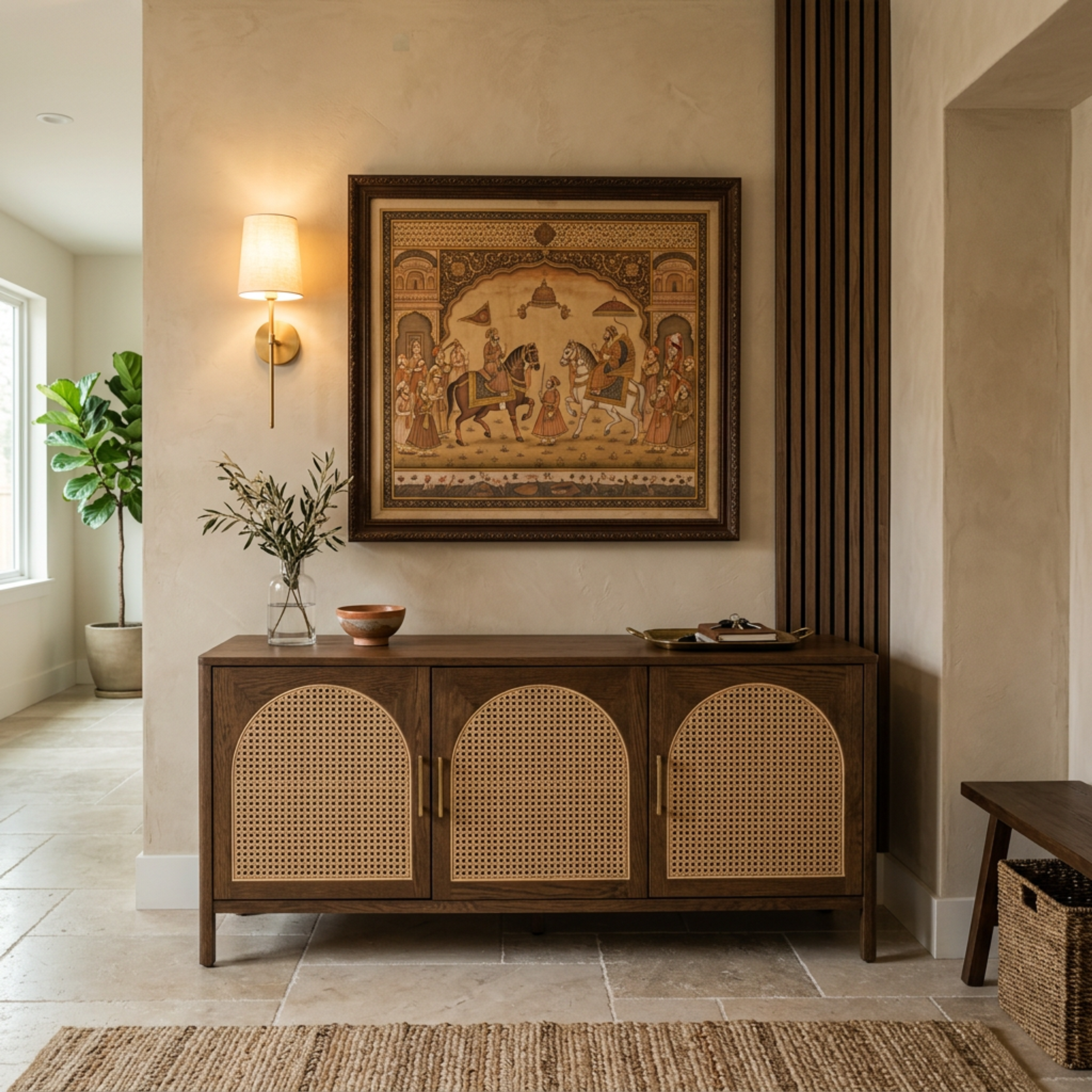 Brown and Rattan Classic Foyer Design with Wooden Cabinet and Rattan Storage