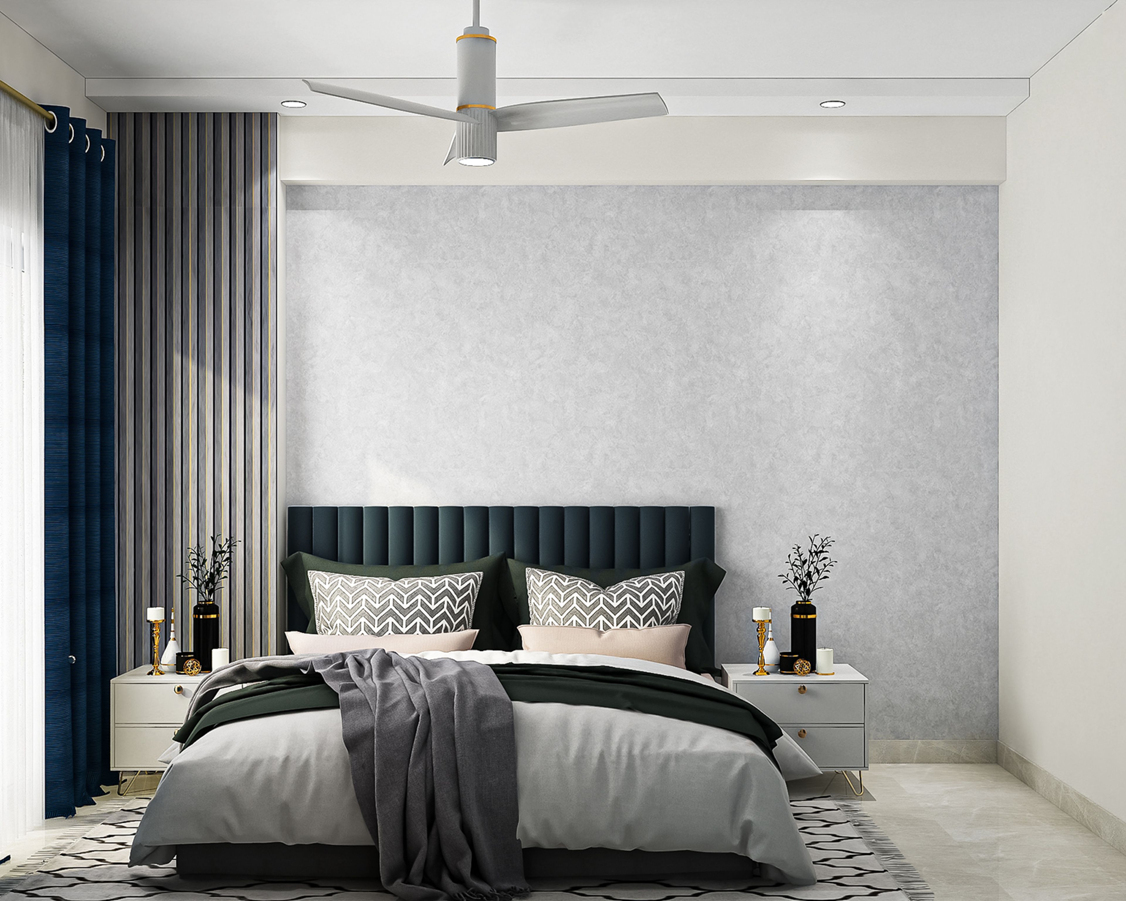 Modern Guest Bedroom Design with Upholstered Headboard and Symmetrical Storage