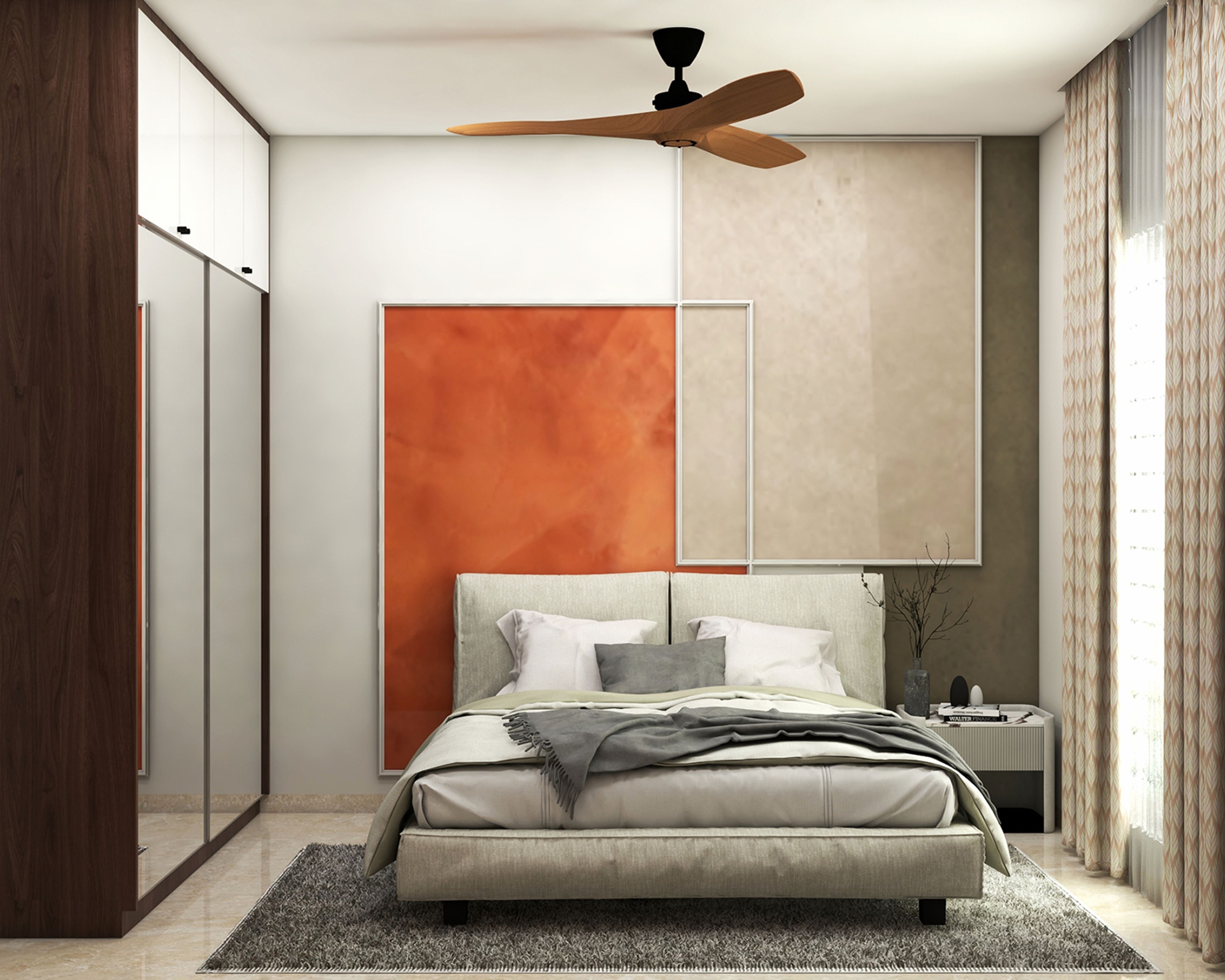 Mid-Century Modern Guest Bedroom Design with Color Block Wall and Storage Unit
