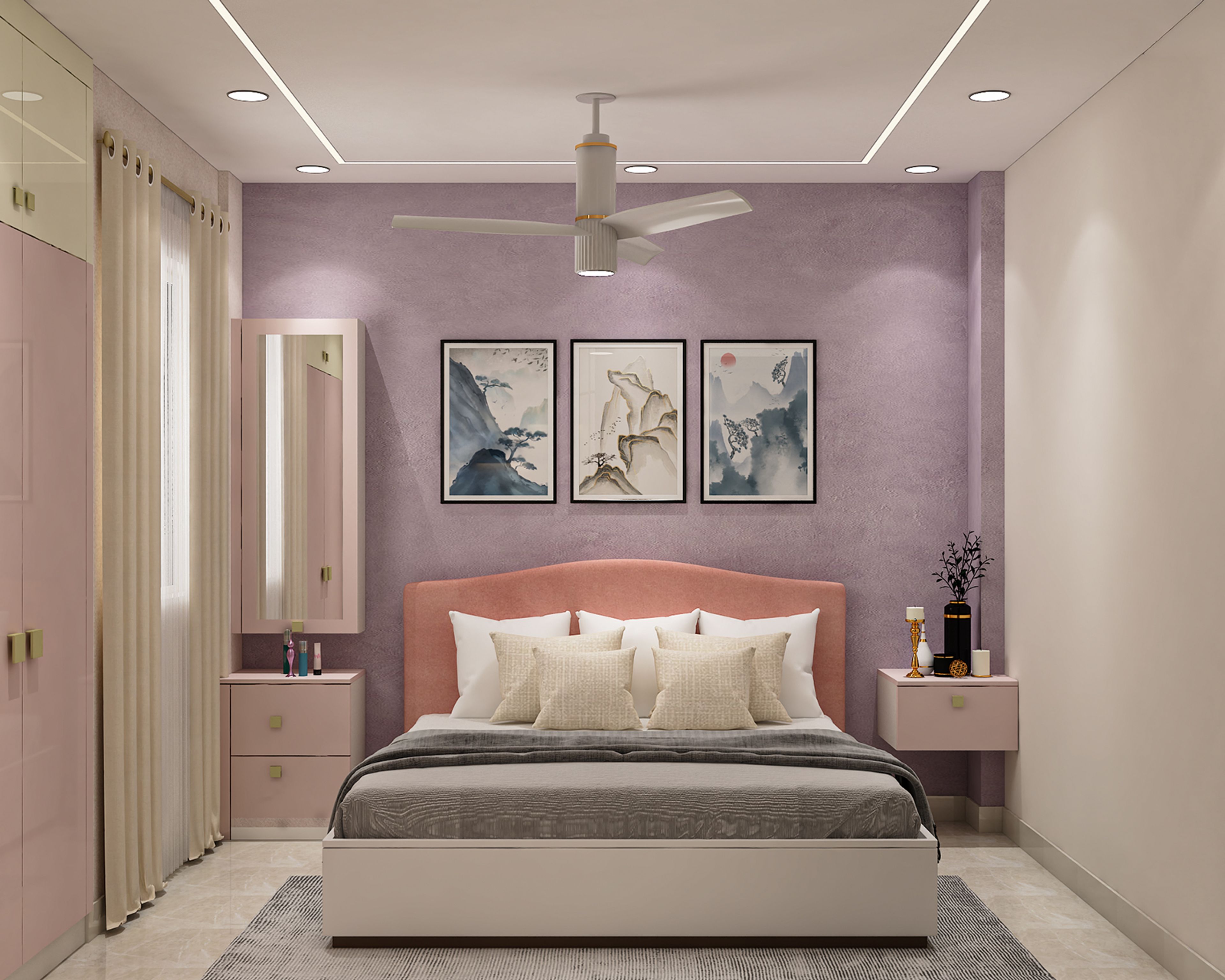 Contemporary Guest Bedroom Design with Textured Mauve Accent Wall Backdrop
