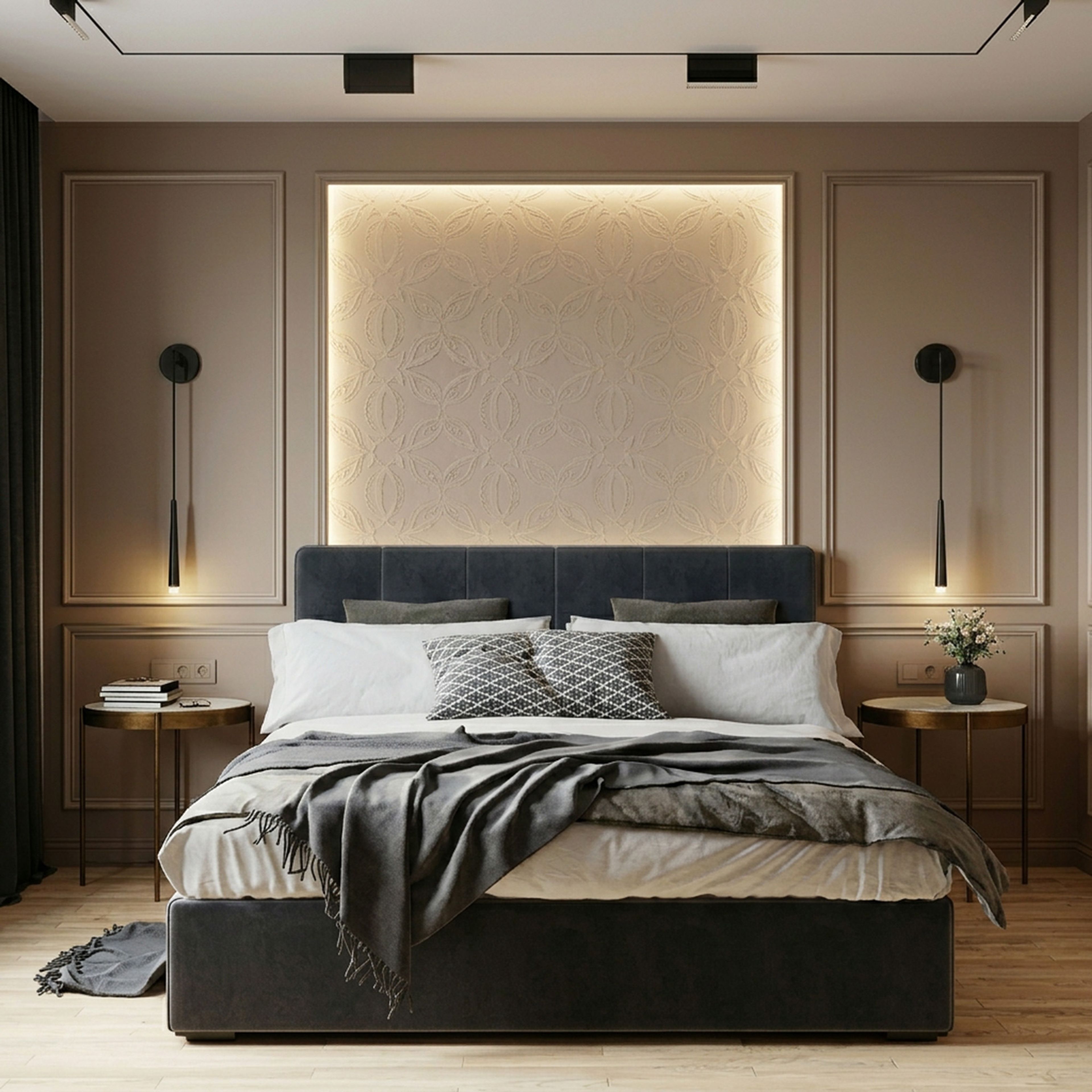 Transitional Guest Bedroom Design with Upholstered Bed and Backlit Feature Wall