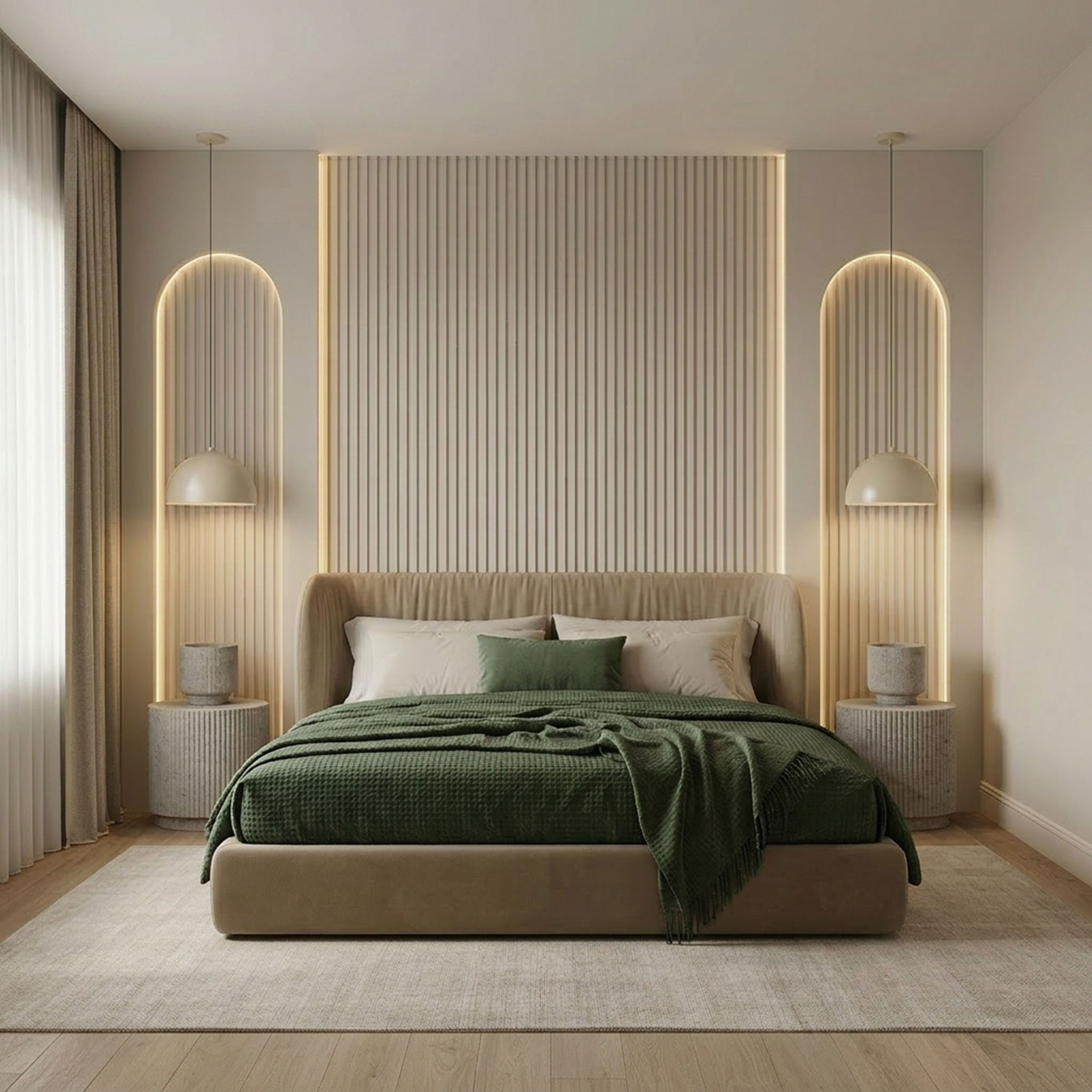 Minimal Guest Bedroom Design with Backlit Arched Wood Slat Alcoves