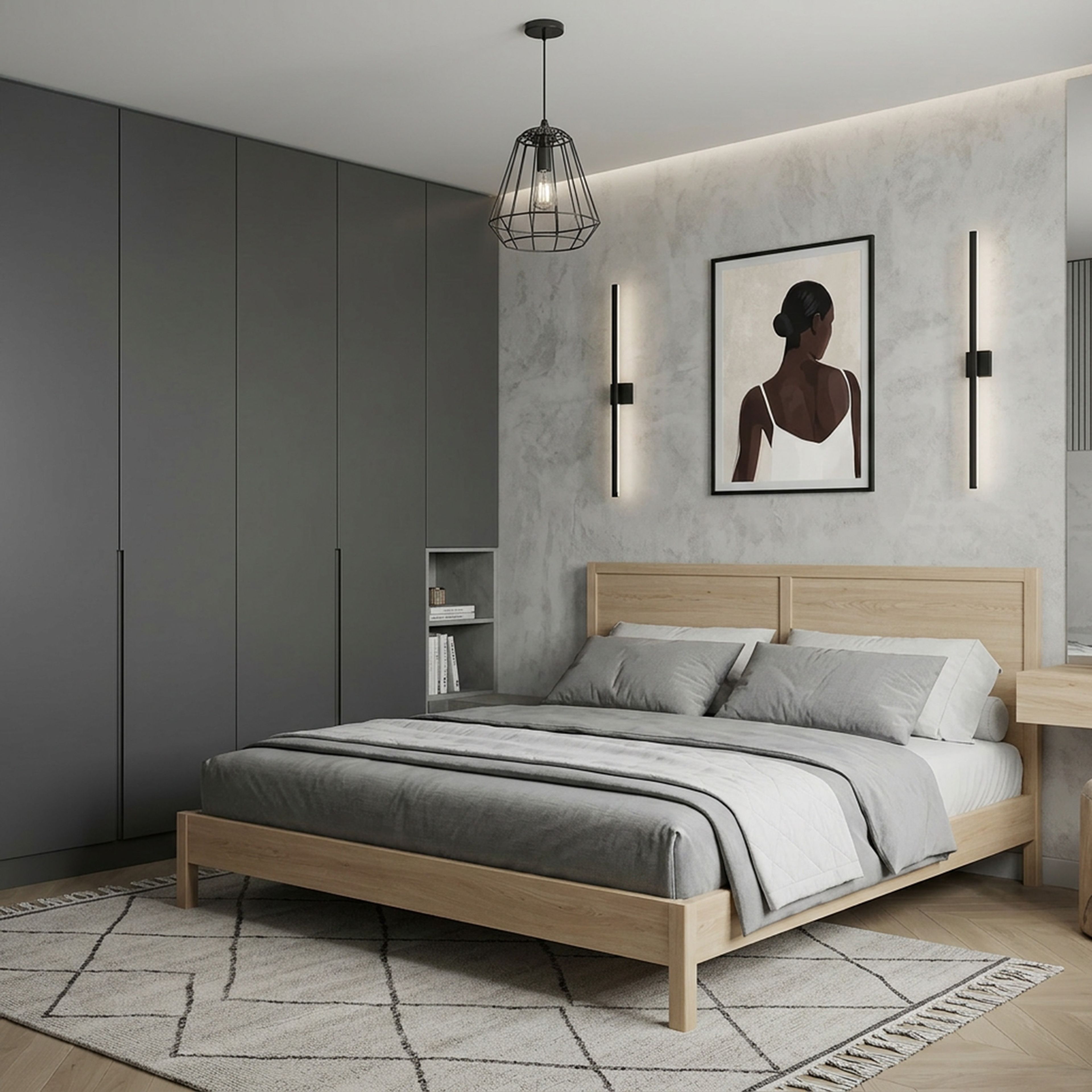 Modern Guest Bedroom Design with Platform Bed and Black Wardrobe