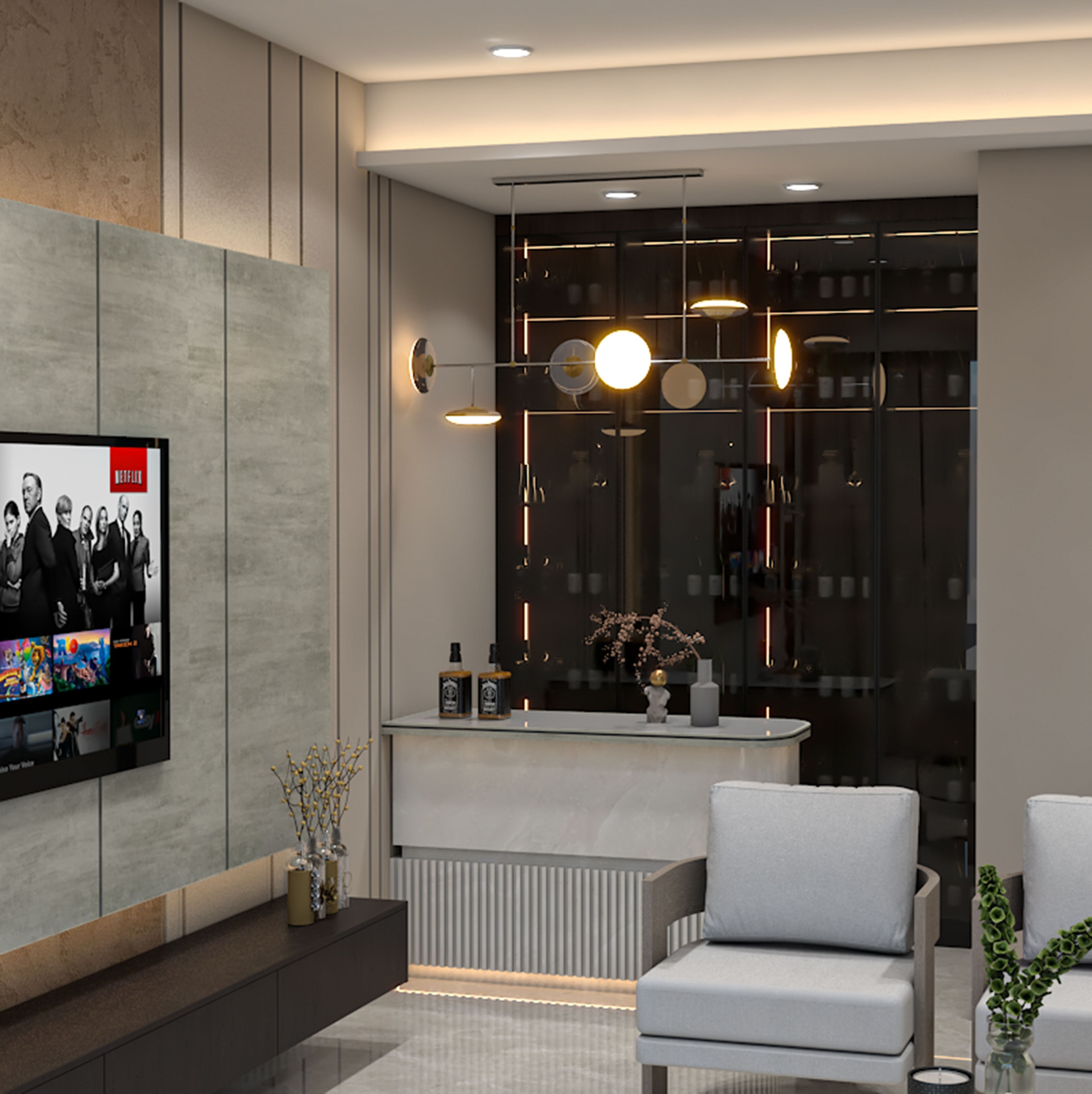 Modern Home Bar Design with Wooden Finish and LED Display