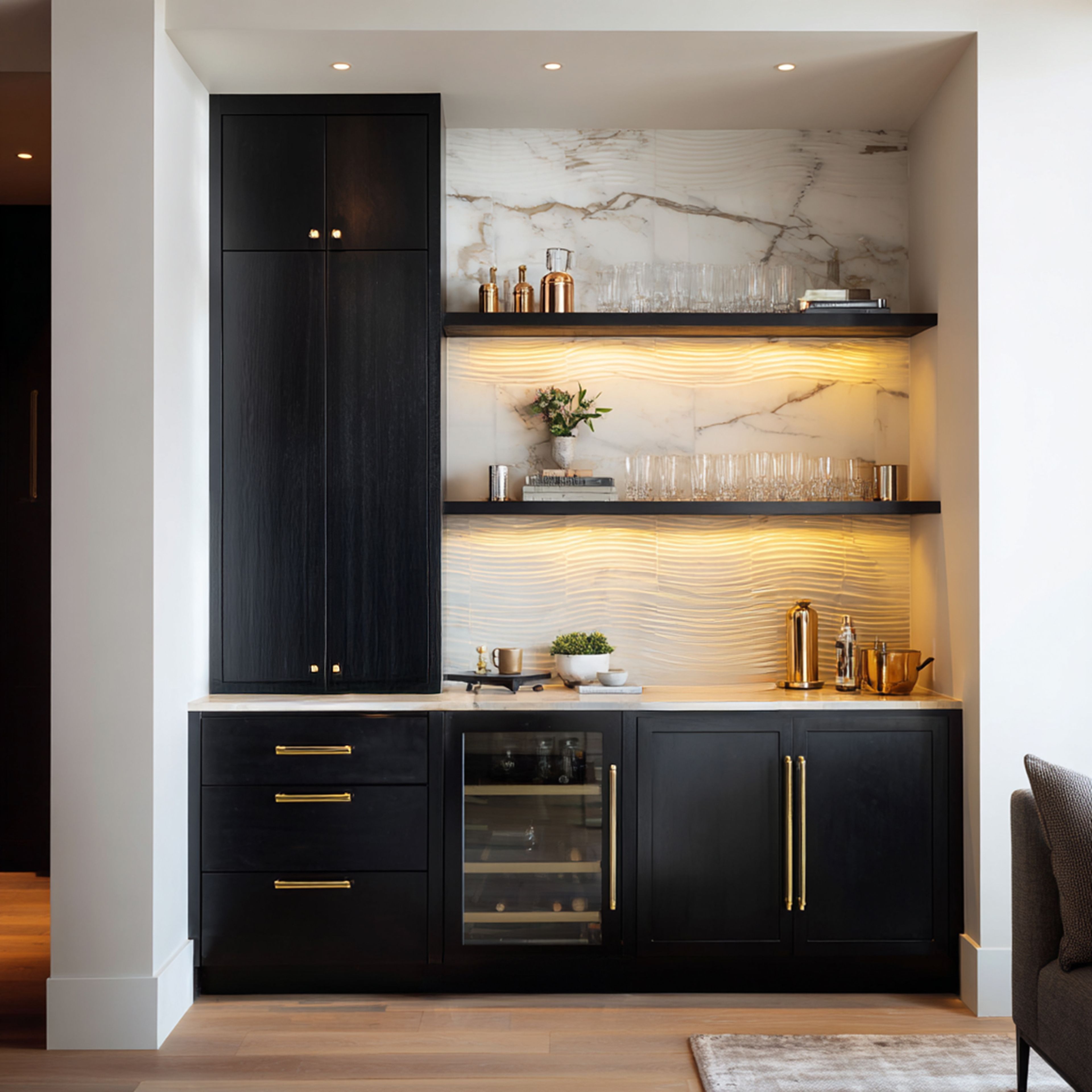 Transitional Wave Blue Home Bar Design with Wine Cooler and Storage Units