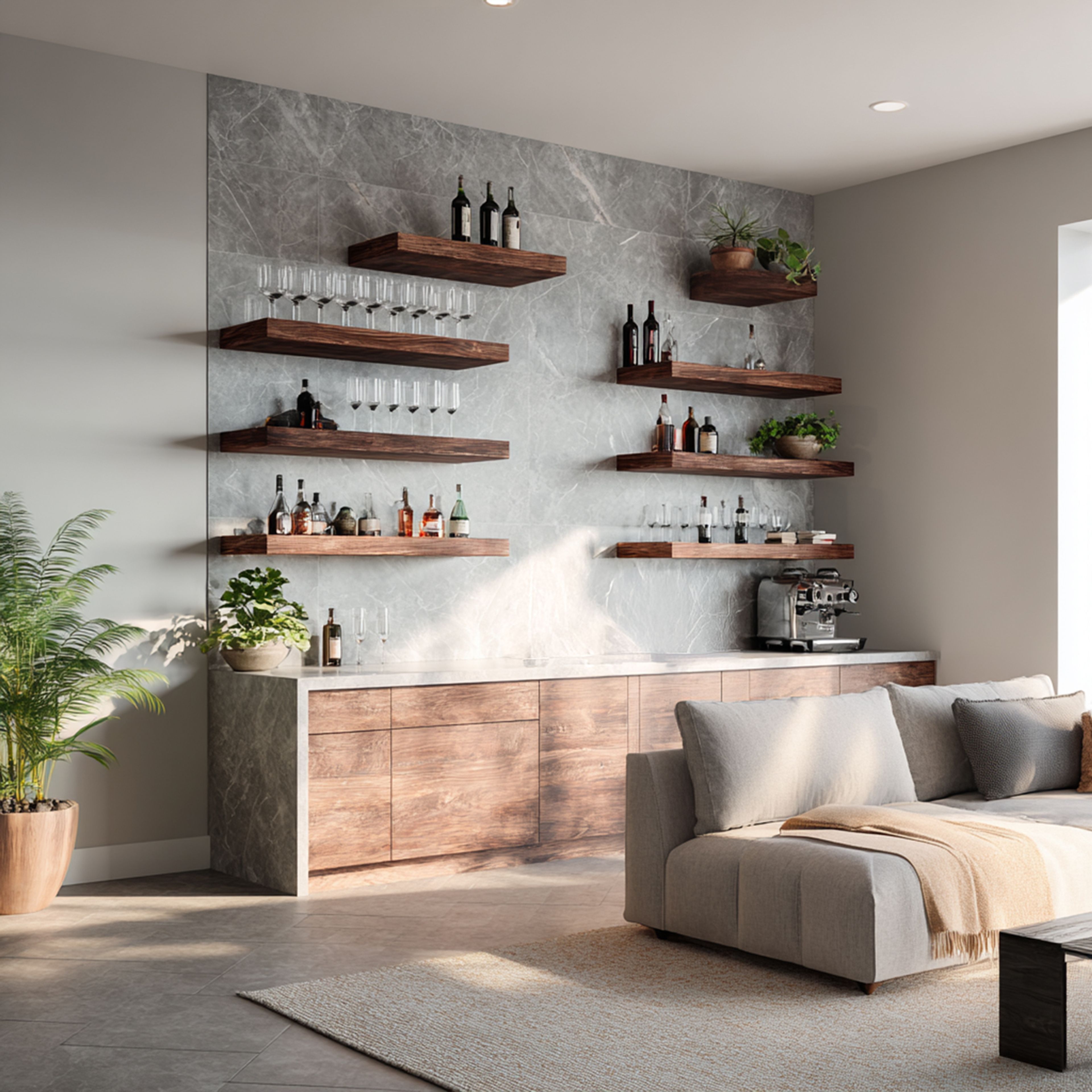 Rustic Home Bar Design with Wooden Shelves and Display Storage