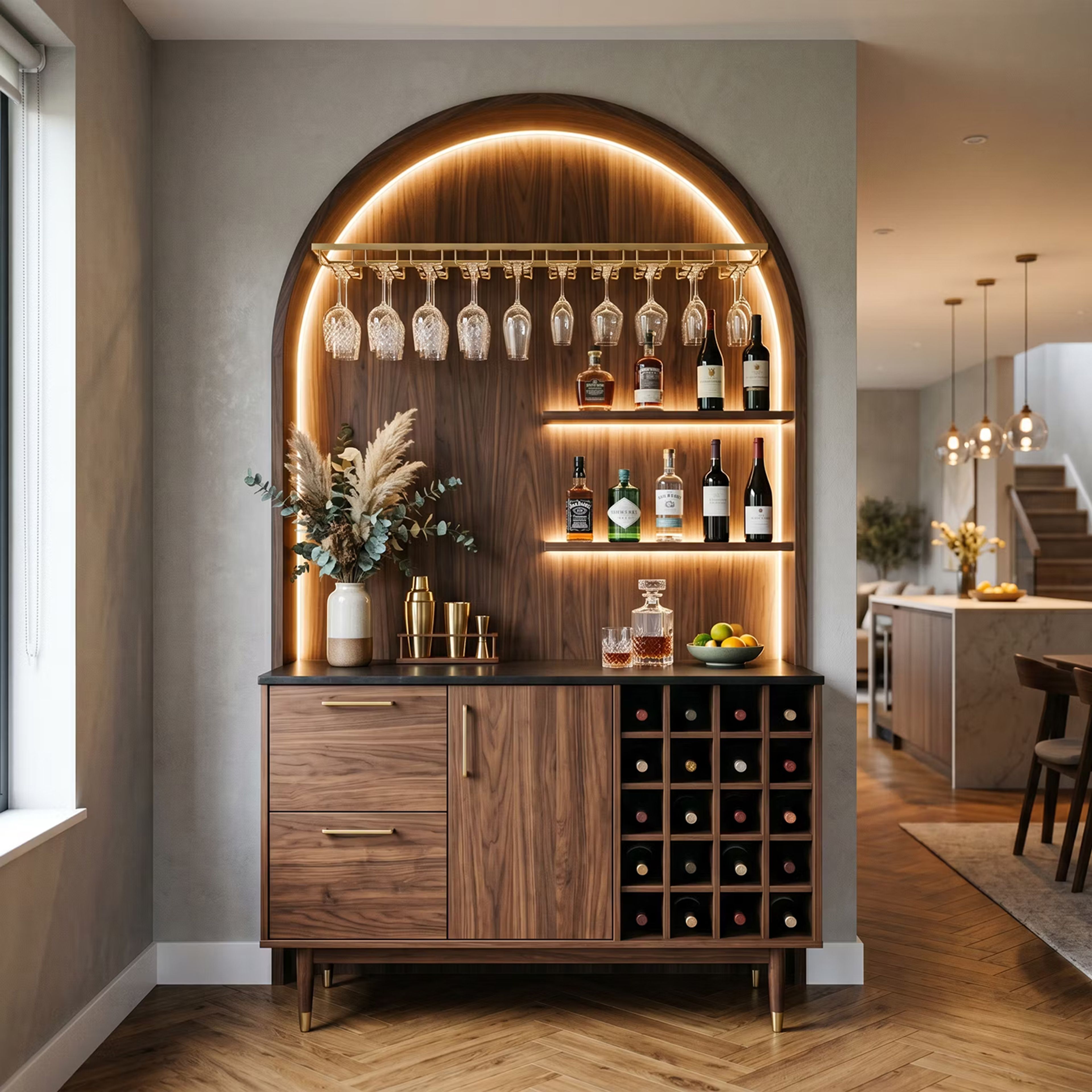 Mid-Century Modern Walnut Bronze Home Bar Design with Brass Stemware Rack