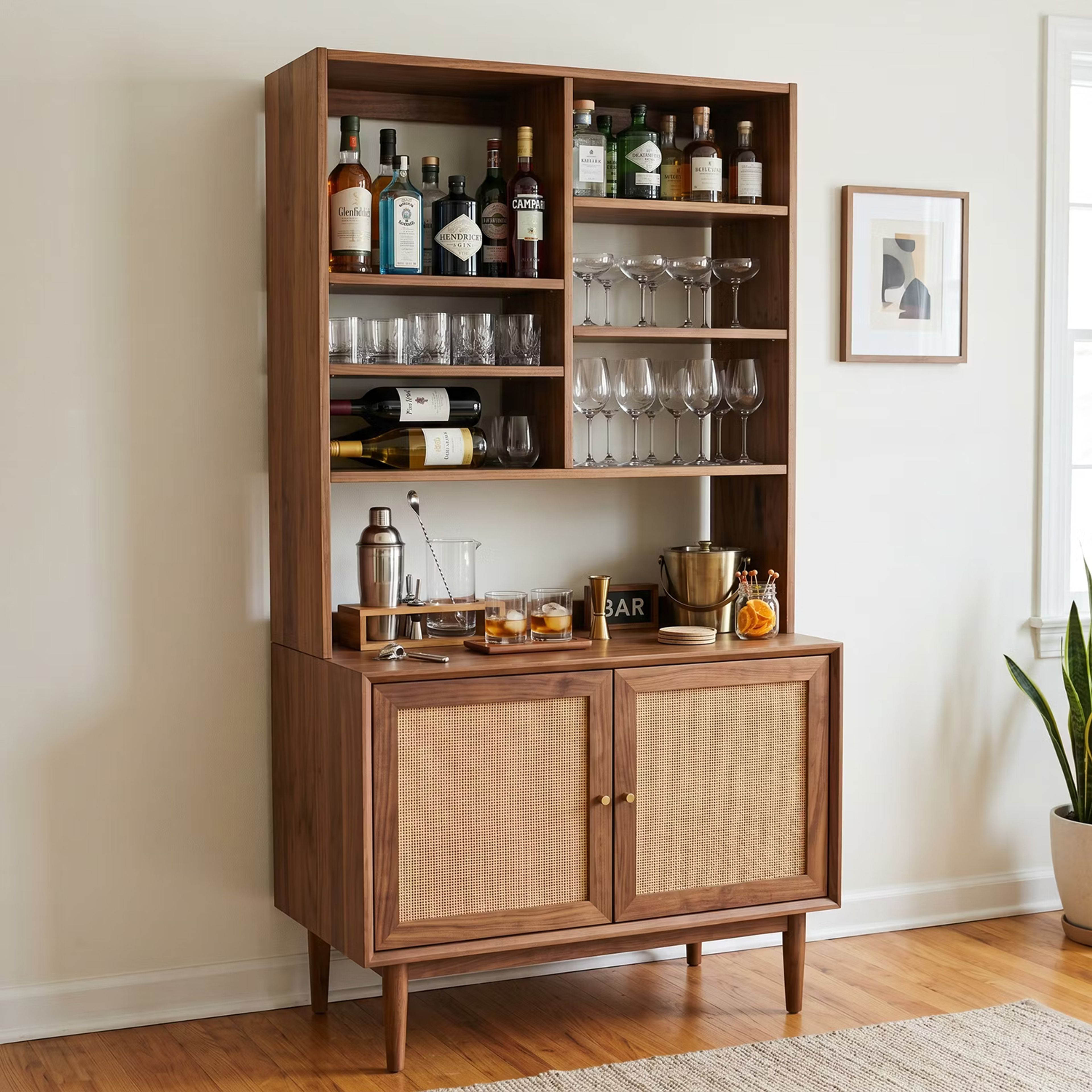 Walnut Bronze Mid-Century Modern Home Bar Design with Asymmetrical Shelving