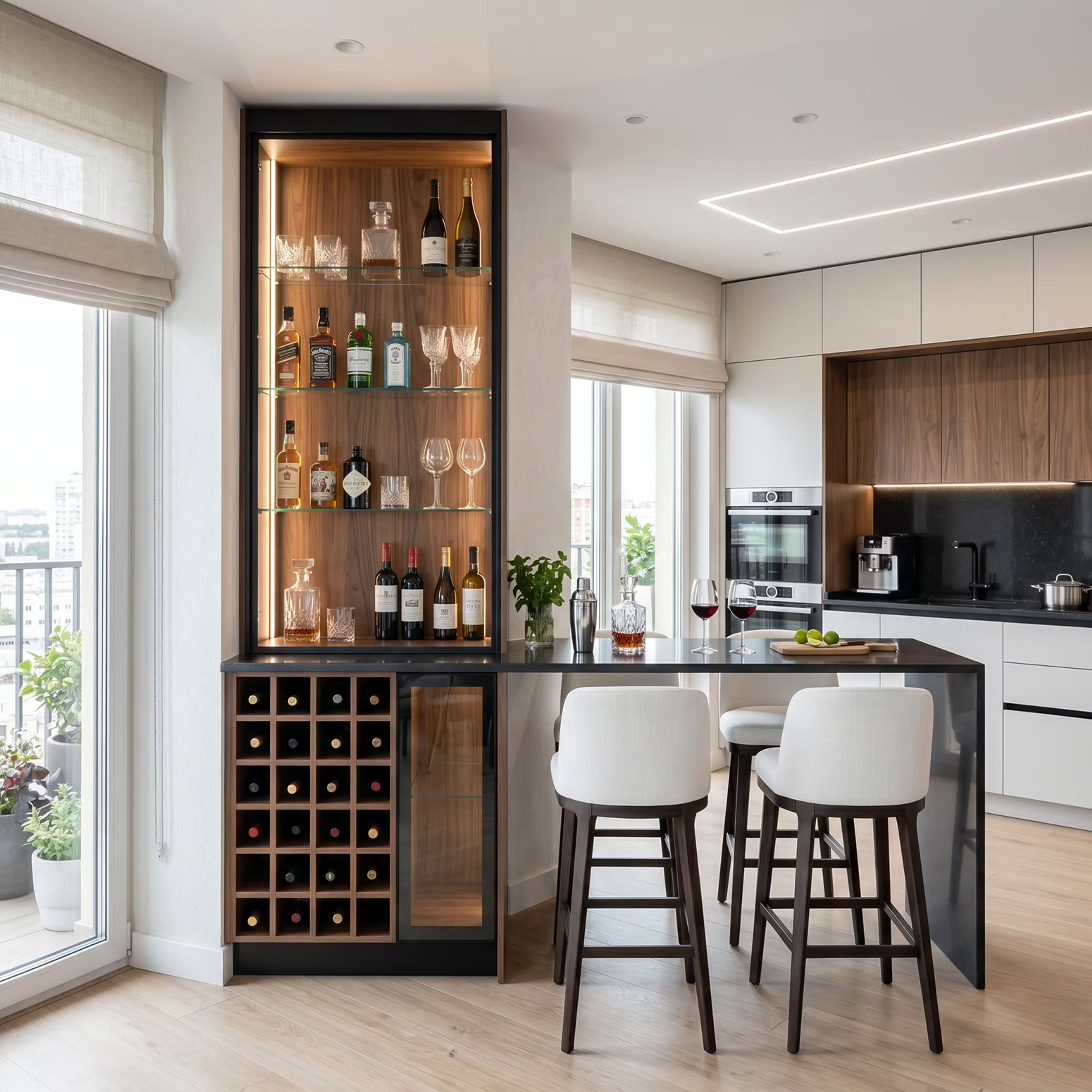 Modern Home Bar Design with Illuminated Display and Beverage Chiller