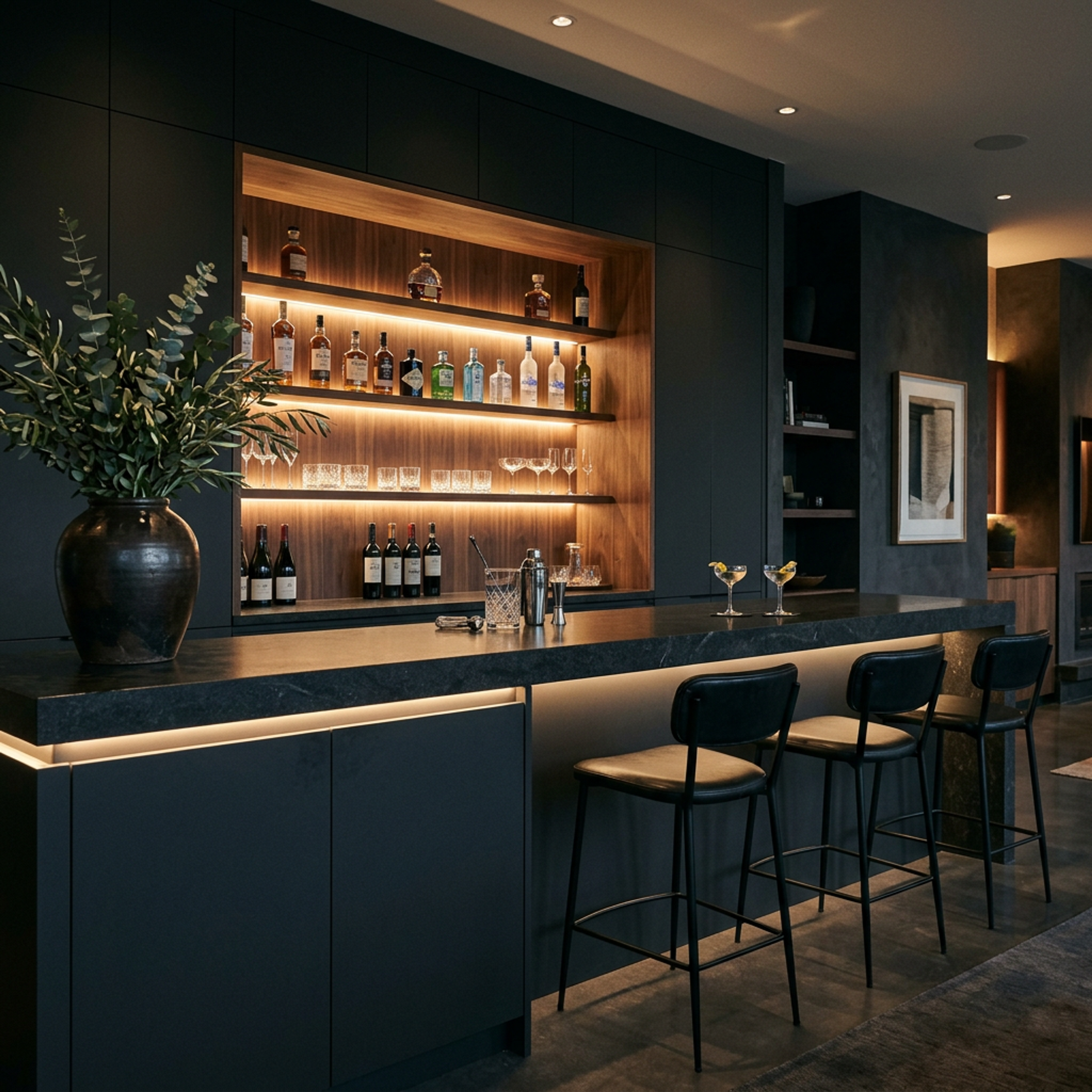 Contemporary Home Bar Design with Black Cabinets and Walnut Alcoves