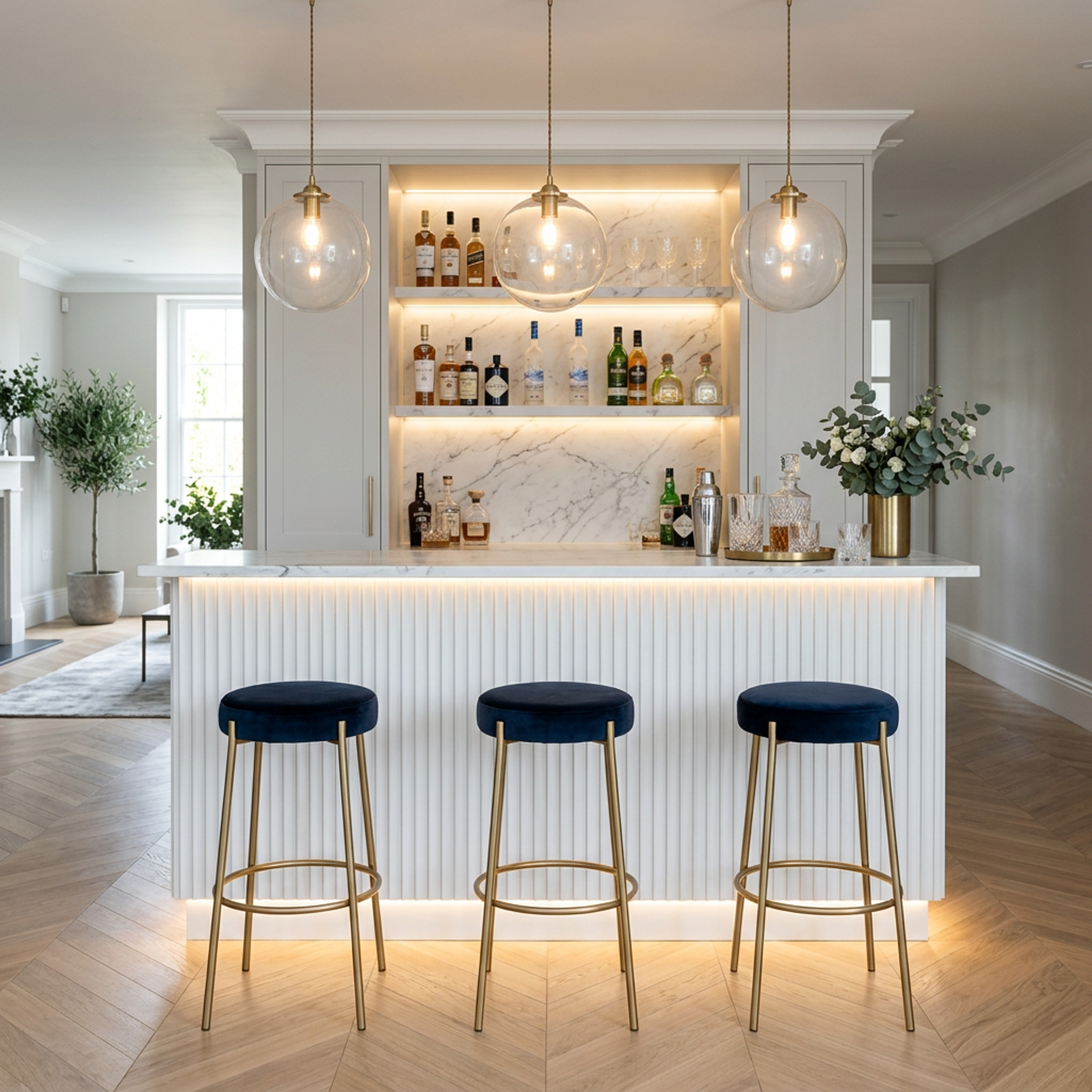 Contemporary Home Bar Design with White Cabinets and Fluted Islands