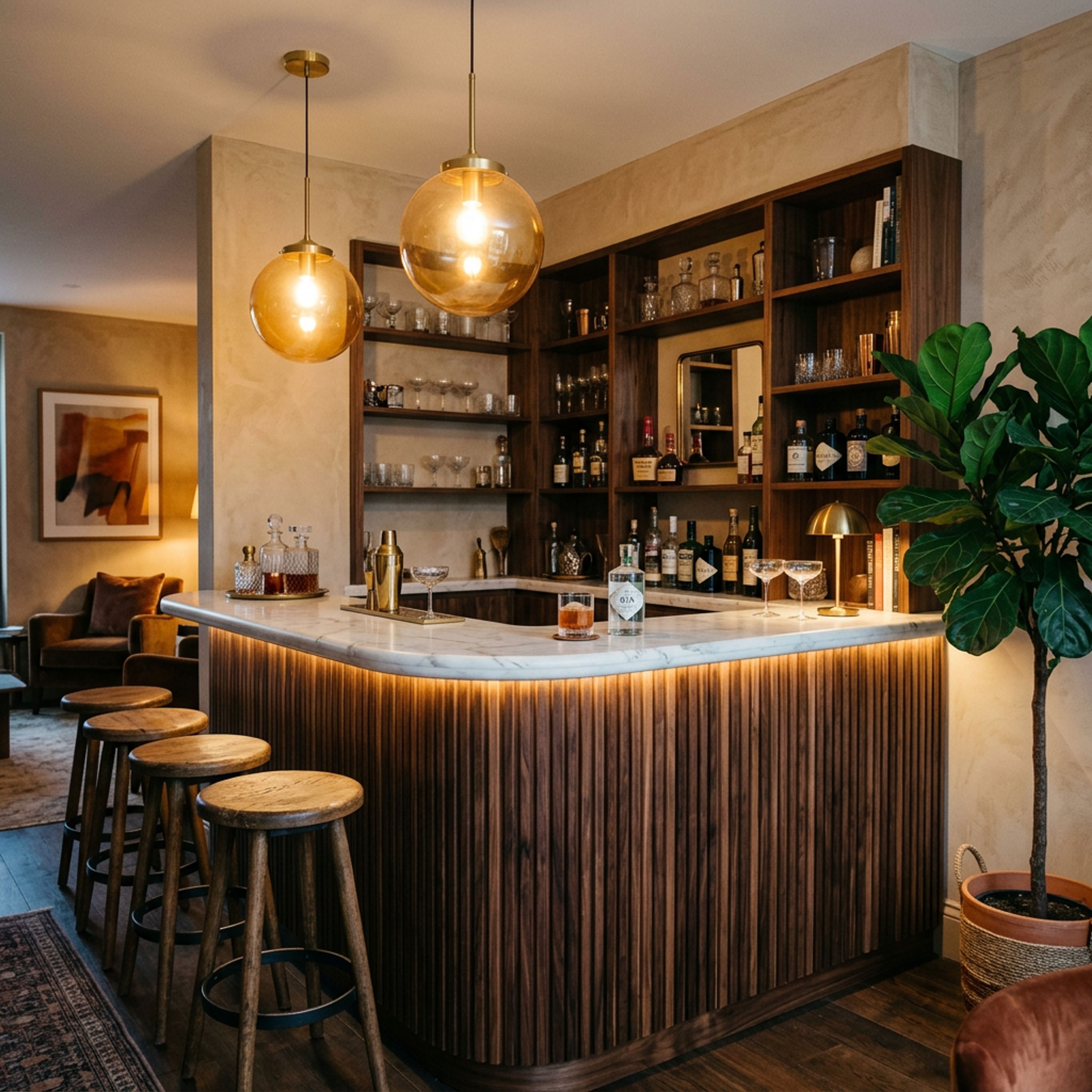Walnut Wood Contemporary Home Bar Design with Tiered Shelving and Prep Counter
