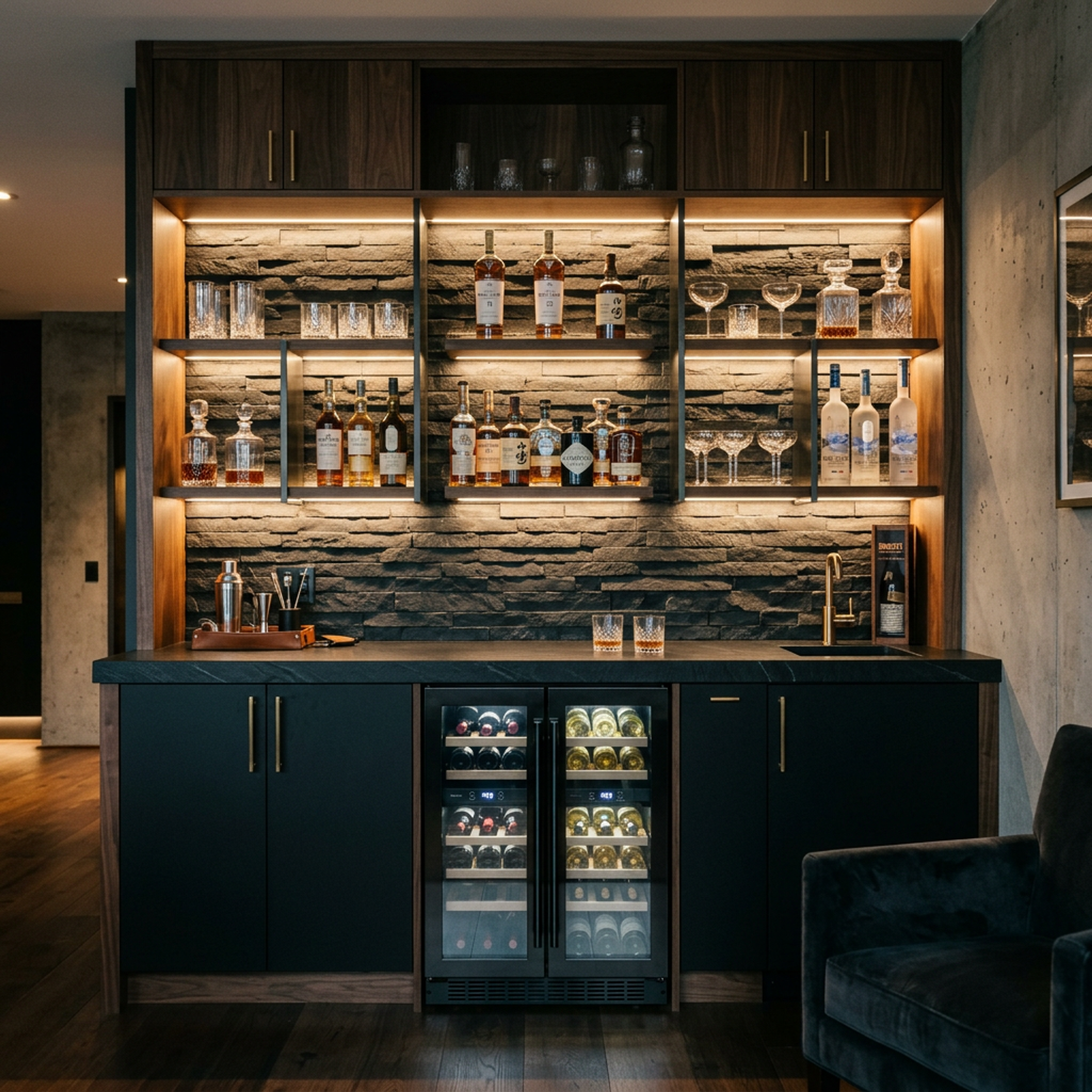 Home Bar Design with Dark Wood and Glass Profile Shutter