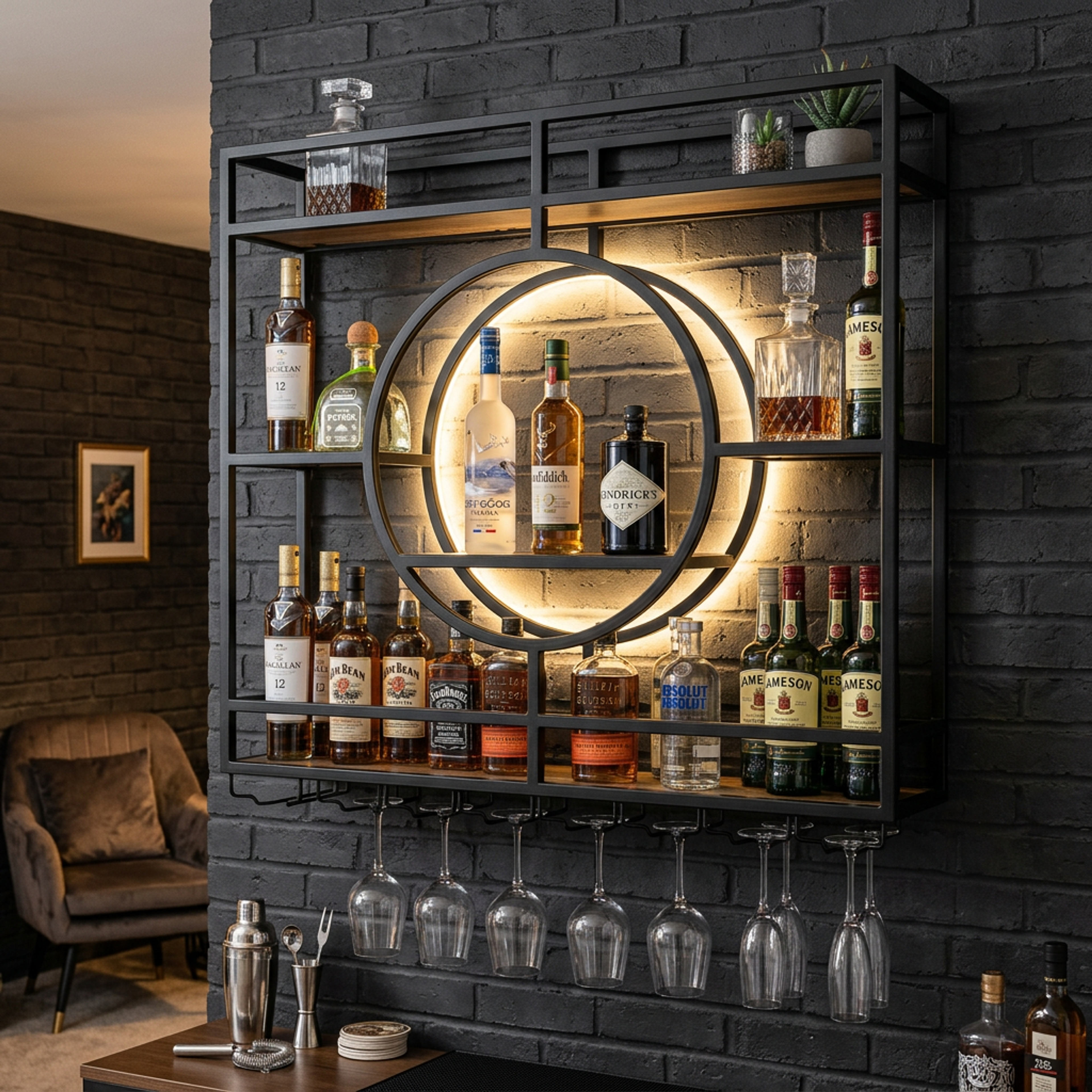 Rustic Home Bar Design with Black Metal Shelves and Curved Frames