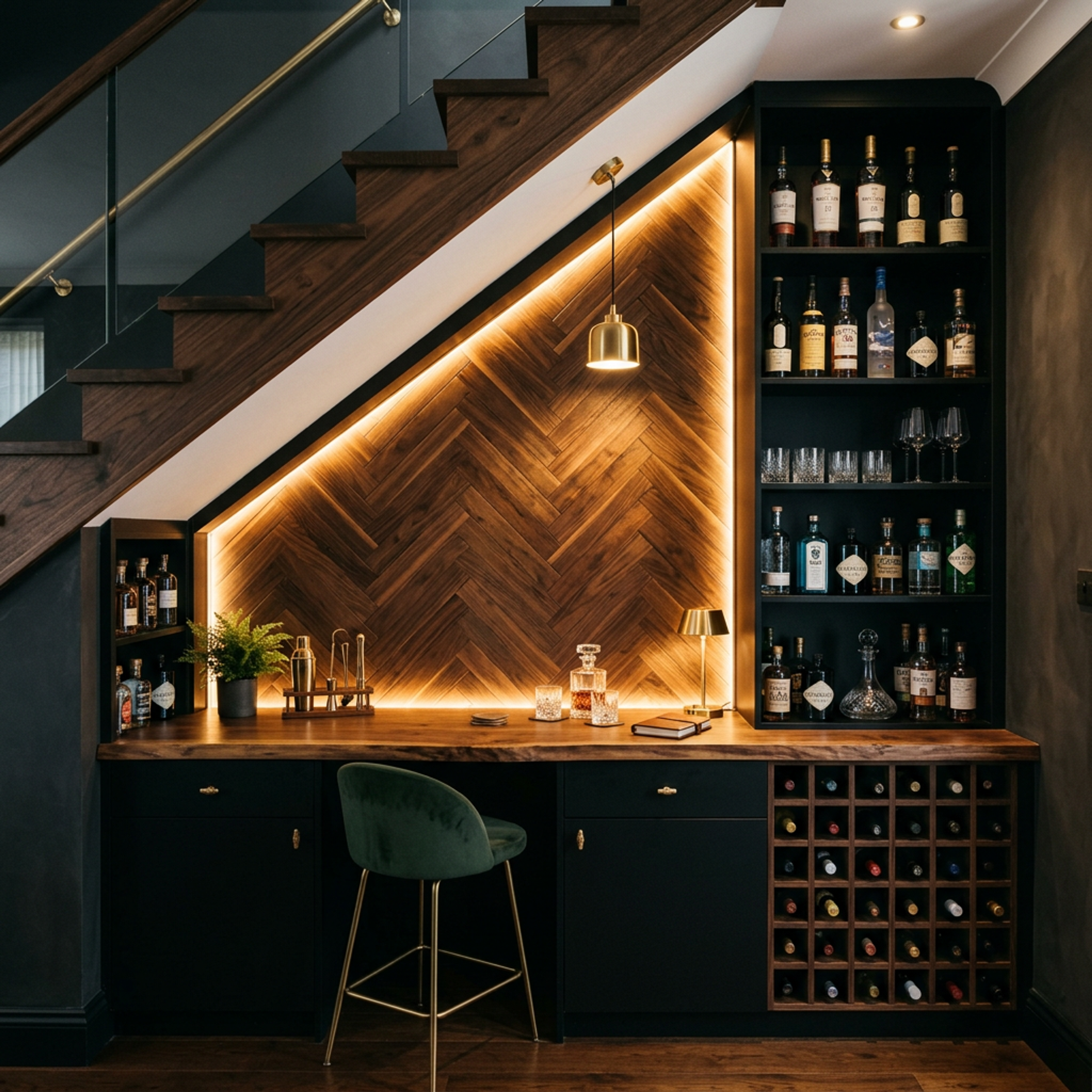 Modern Home Bar Design with Black Cabinet and Wine Bottle Shelves
