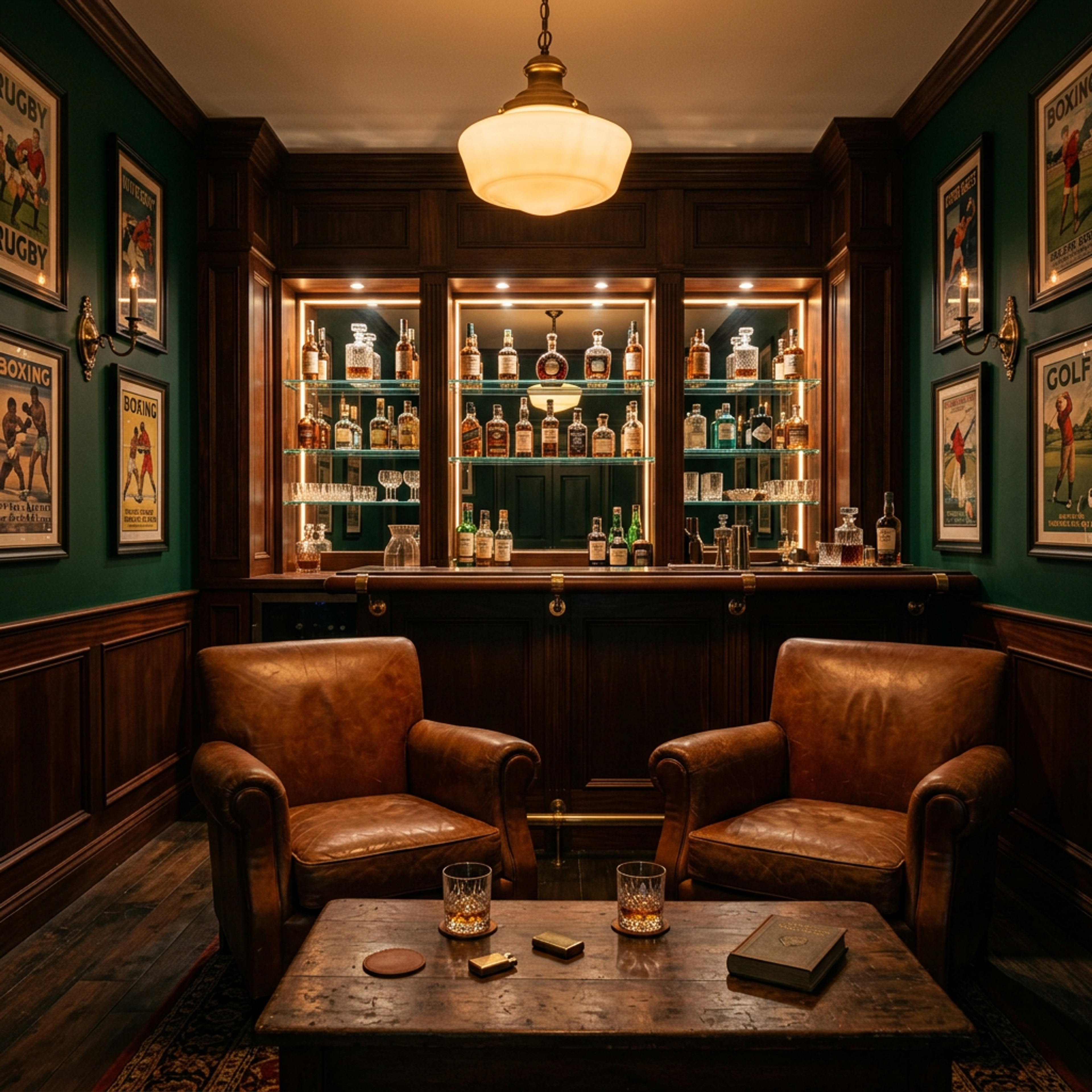 Contemporary Home Bar Design with Walnut Bronze Cabinets and Shelving