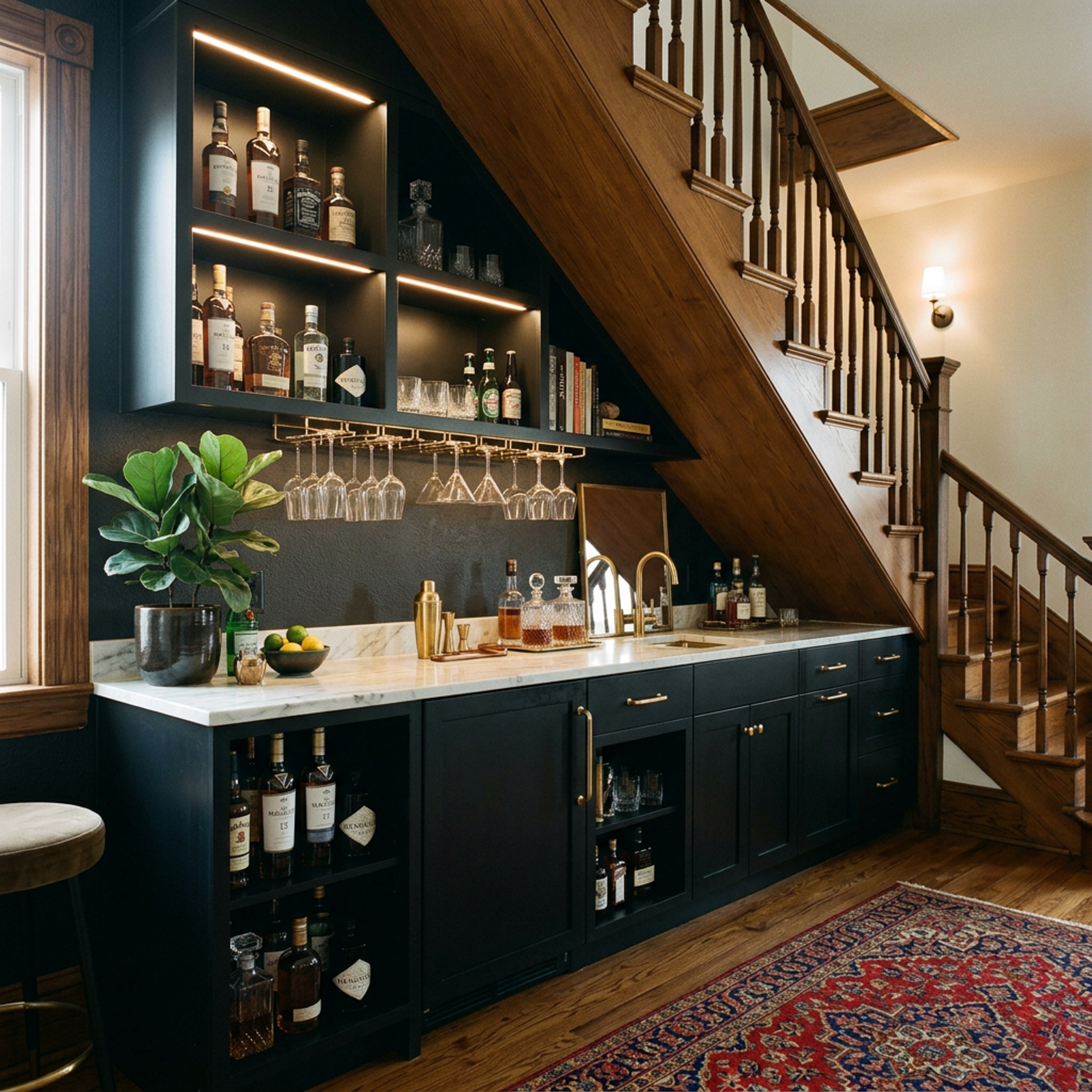 Under Staircase Contemporary Home Bar Design with Navy Blue Cabinetry