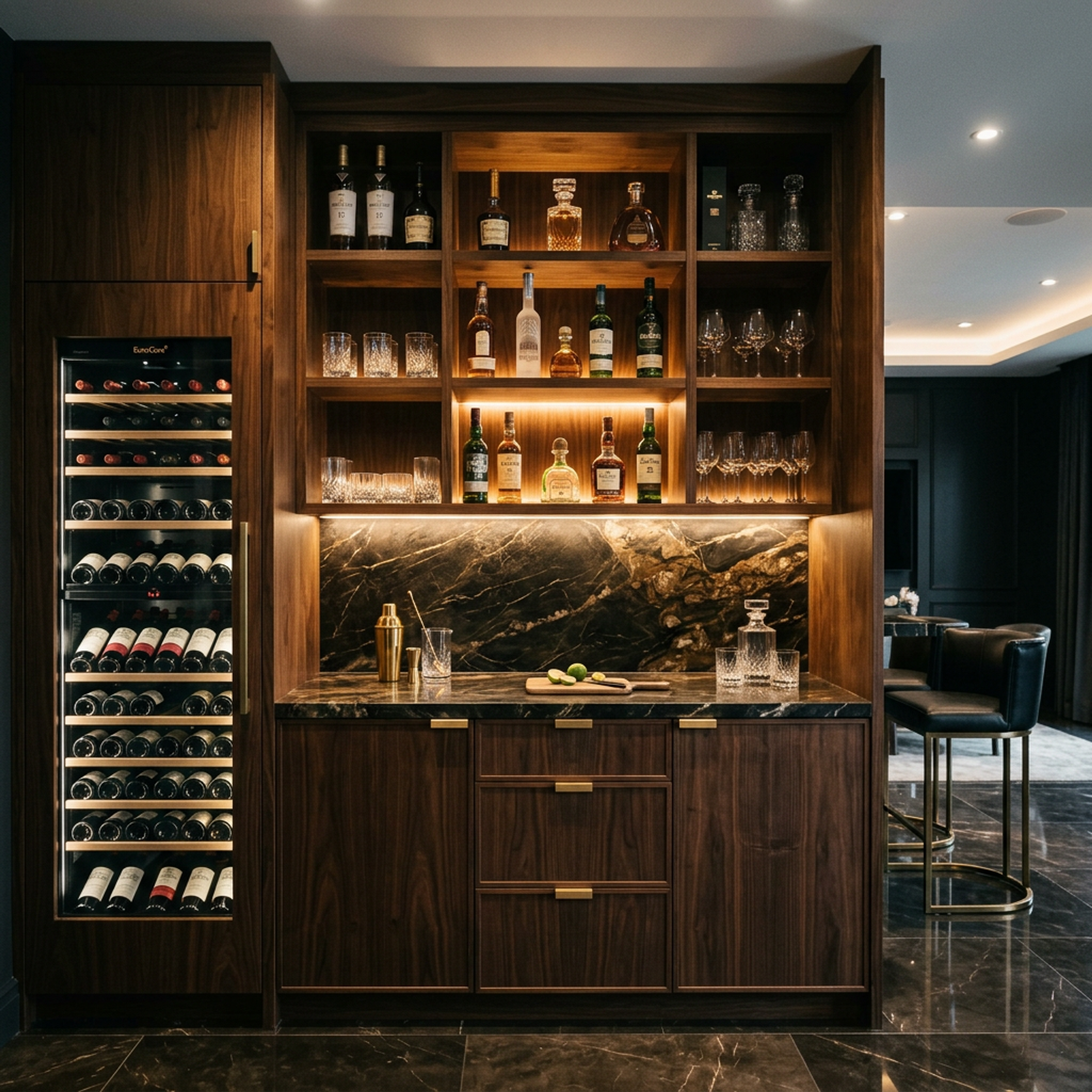 Classic Home Bar Design with Tiepolo Cabinetry and Wine Refrigerator