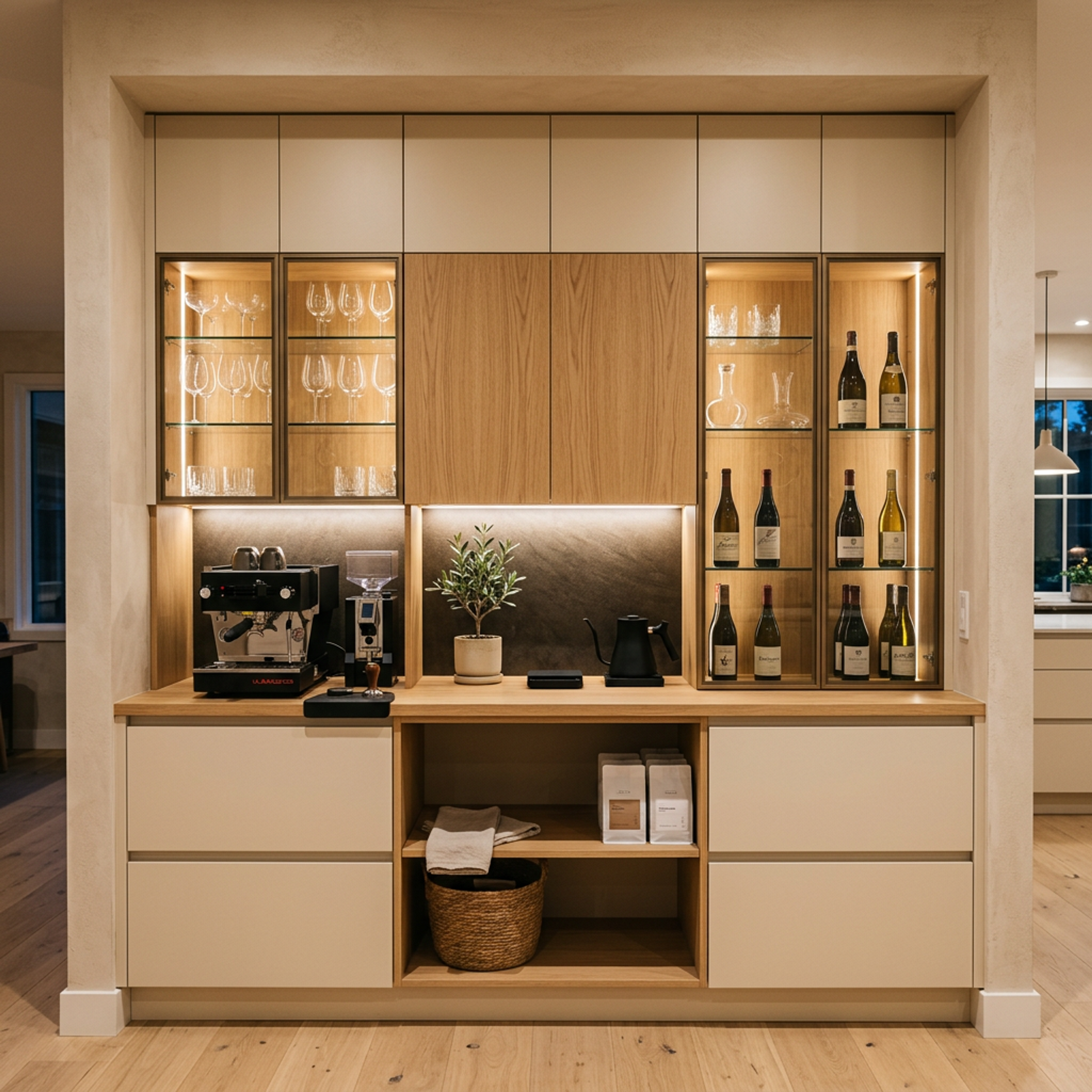 Contemporary Home Bar Design with White Cabinets and Walnut Countertops
