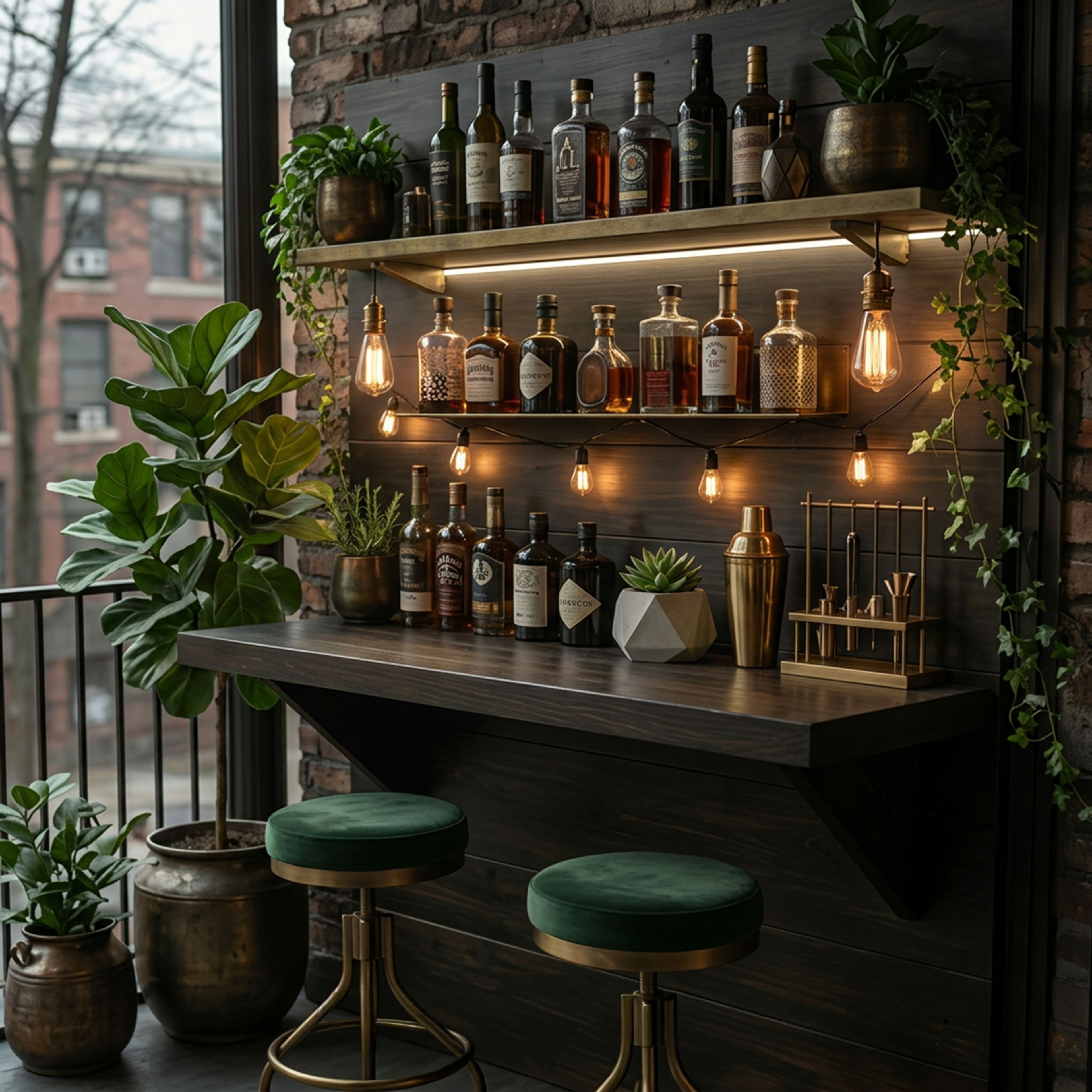 Wood and Metal Industrial Home Bar Design with Serving Countertop Space