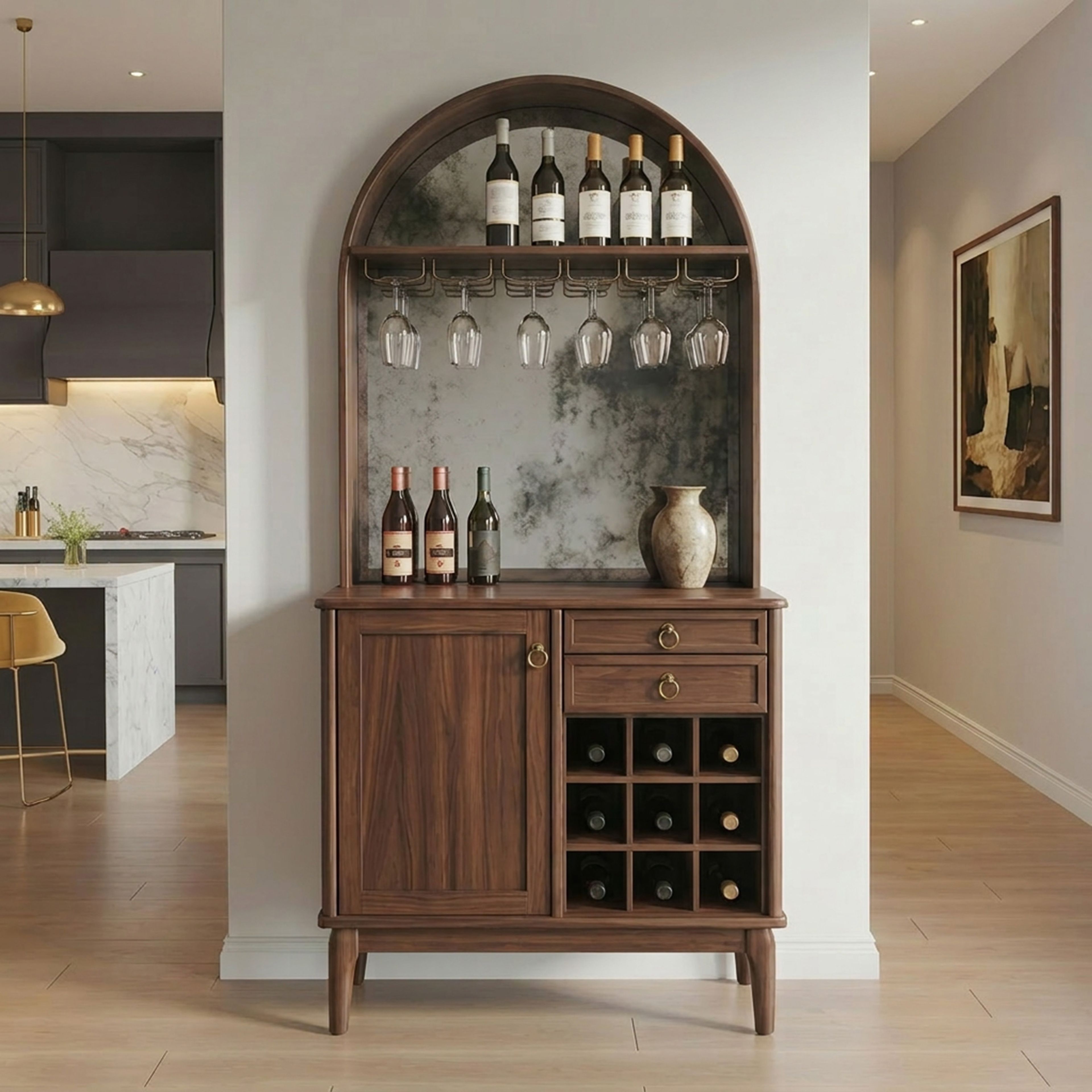 Wooden Transitional Home Bar Design with Closed Cabinet and Drawer Storage