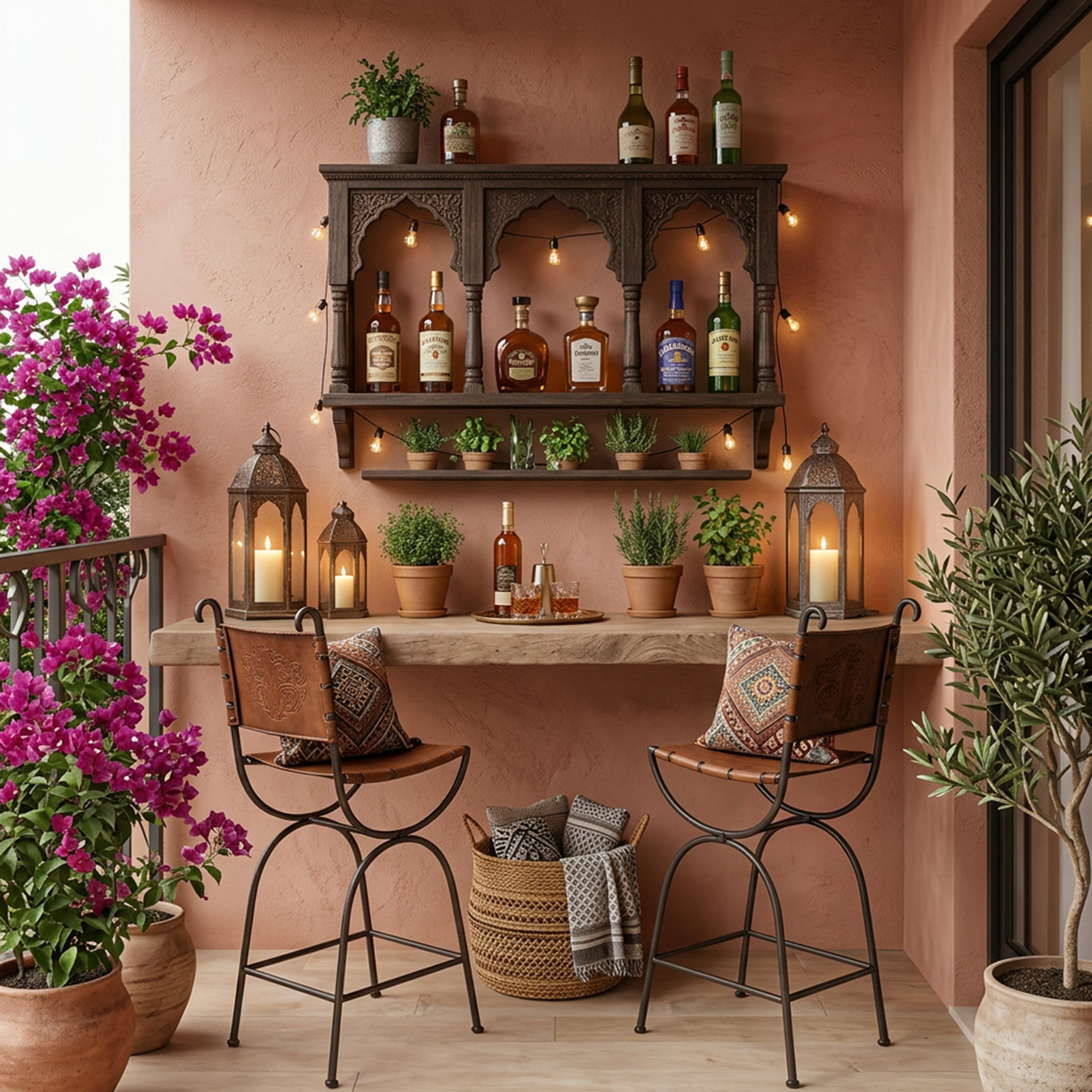 Wooden Bohemian Home Bar Design with Matte Membrane Shutter Finish
