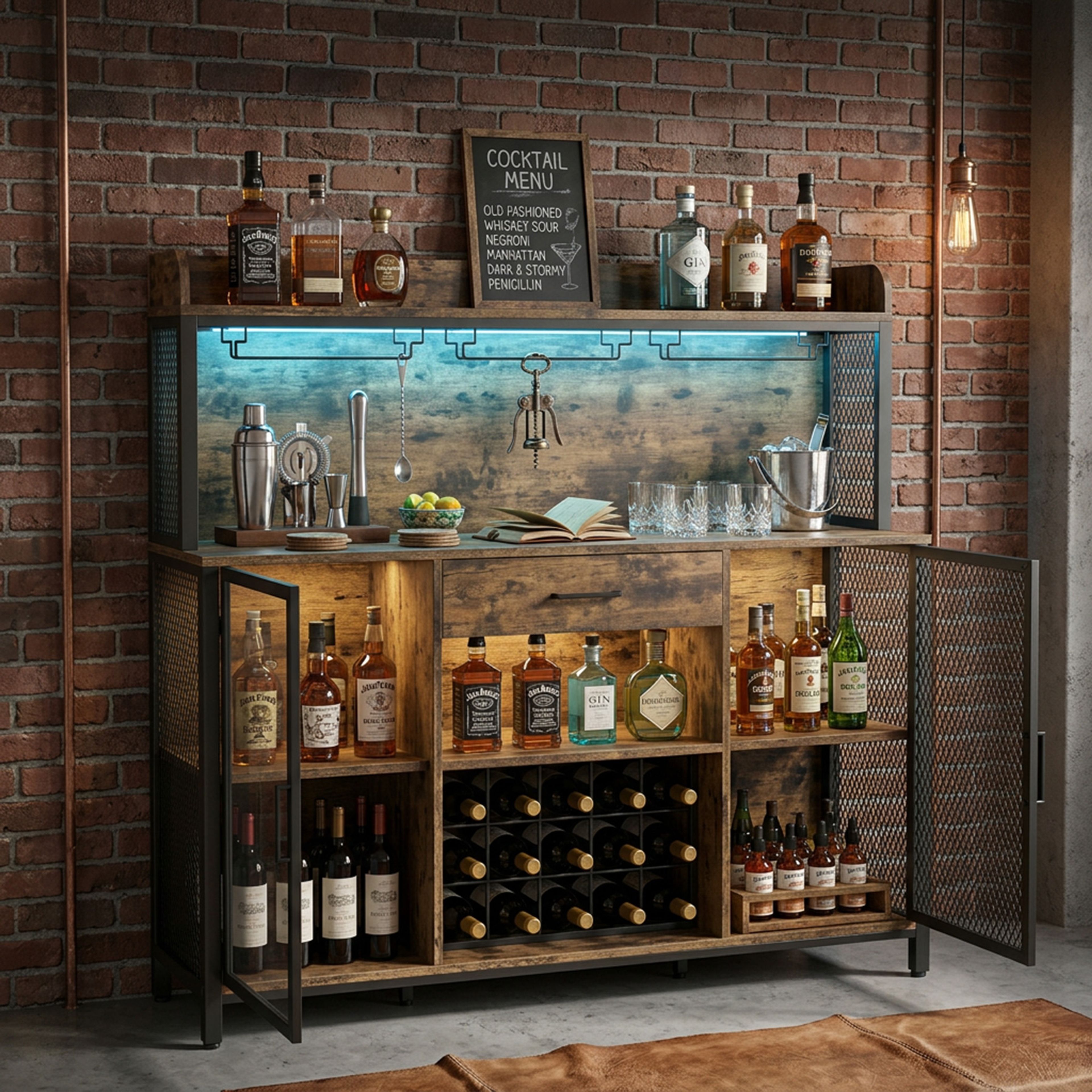 Industrial Distressed-Wood Home Bar Design with Wine Rack and Mesh Shutters
