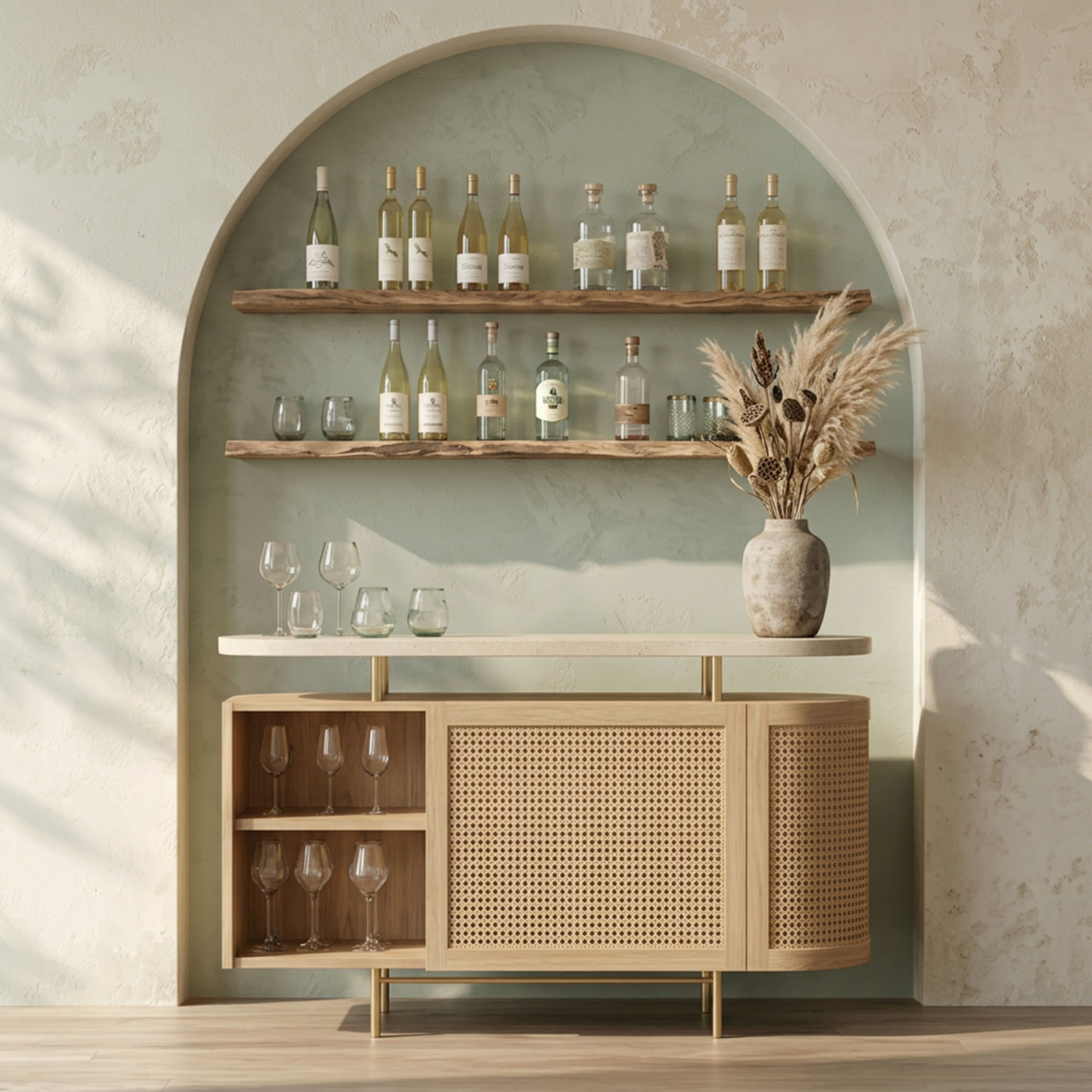 Light Oak Wood Mediterranean Home Bar Design with Curved Shutters and Open Shelves
