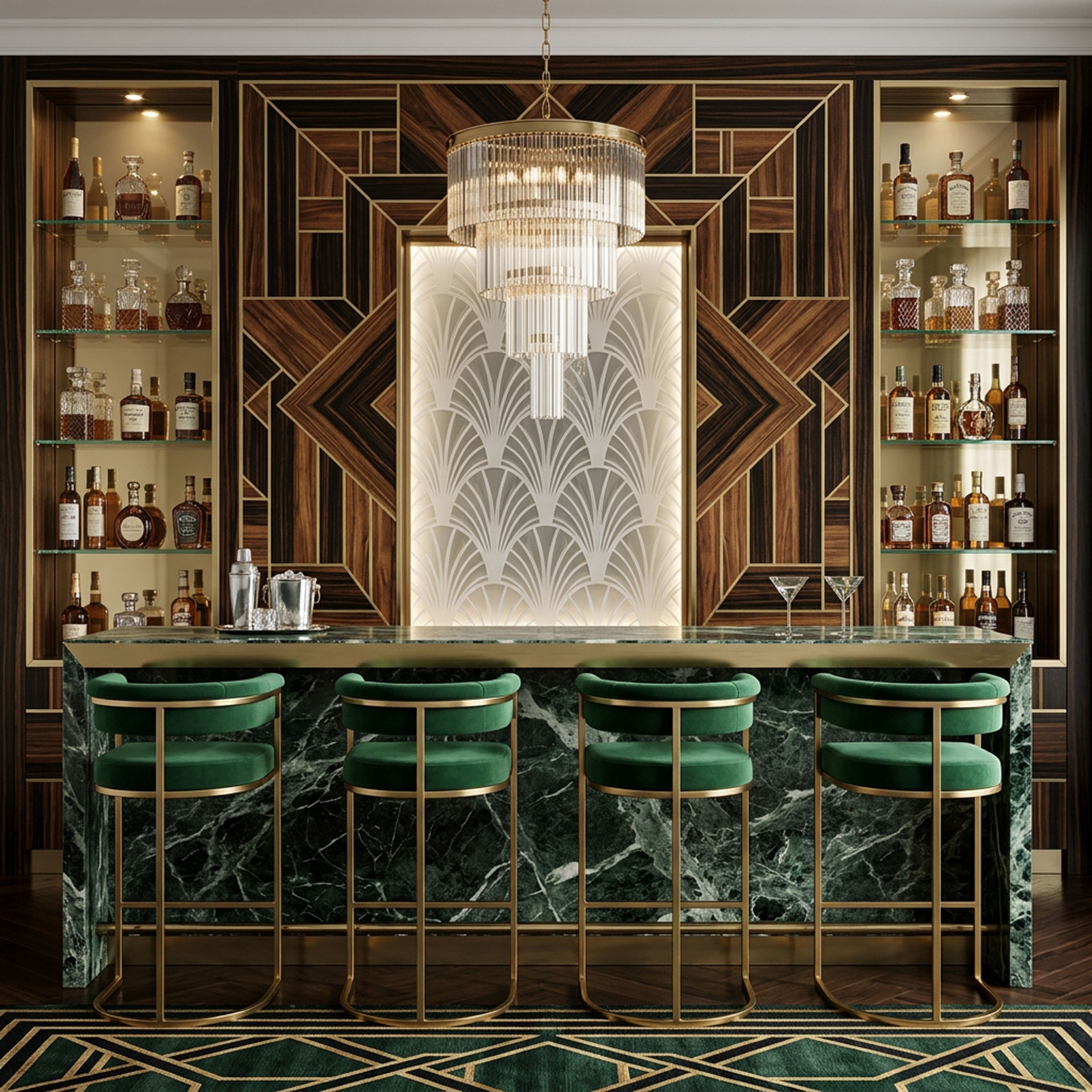 Wooden Art Deco Home Bar Design with Glass Shelves and Concealed Storage