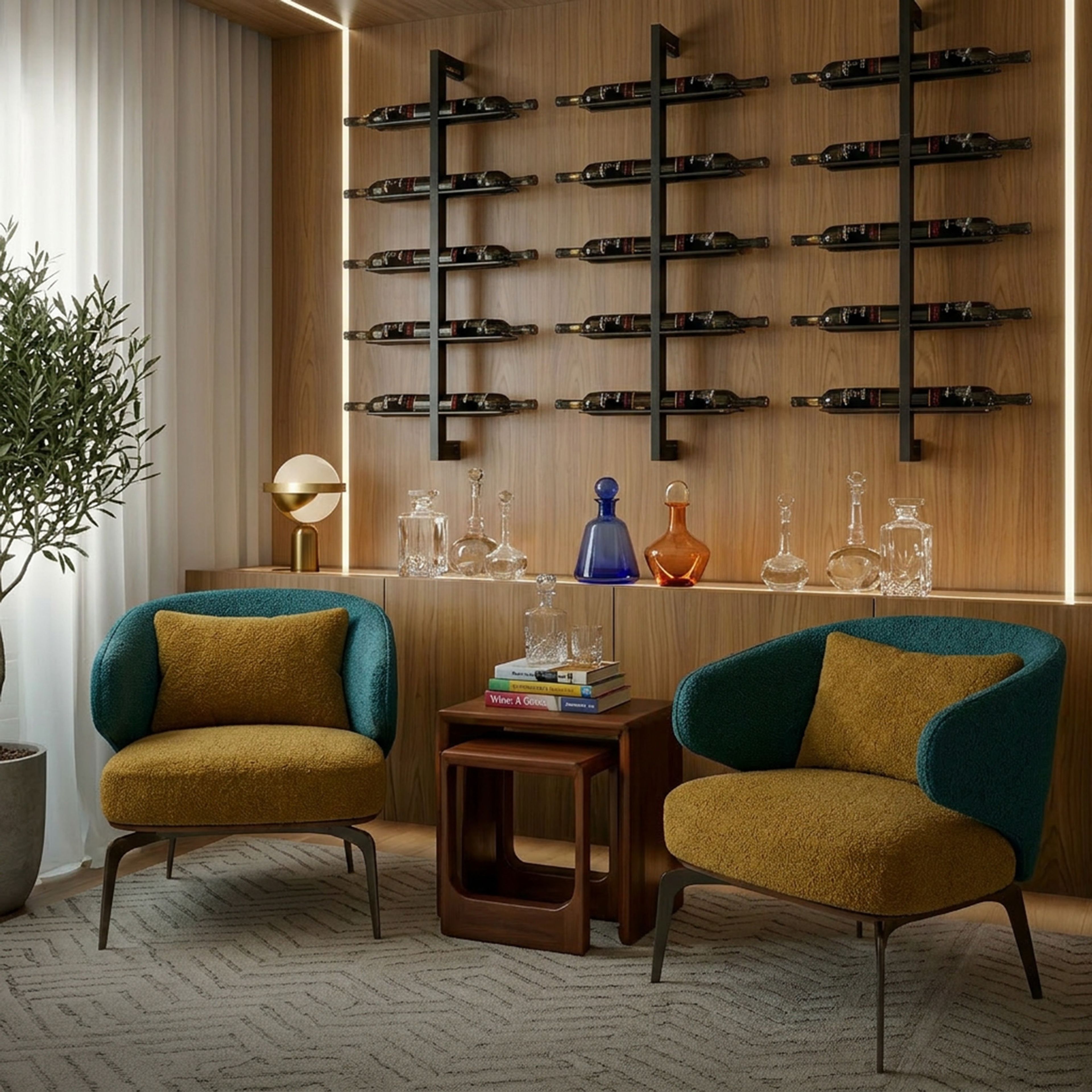 Contemporary Home Bar Design with Wall Mounted Wooden Bottle Racks